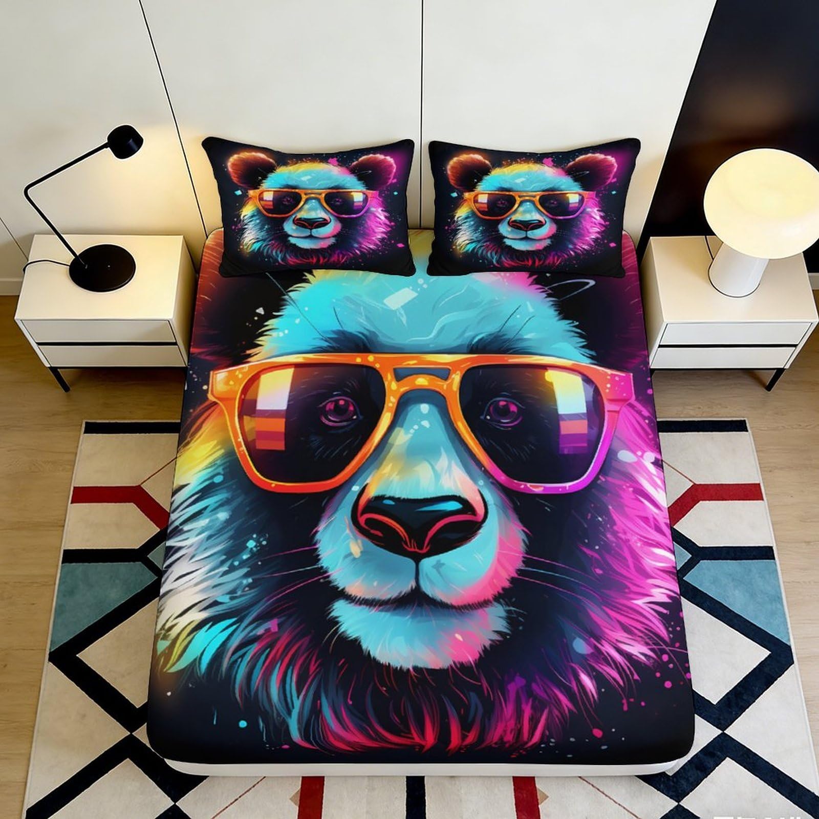 3D Printed Colorful Panda Fitted Sheet Microfiber Soft Anti-Slip Rainbow Bear Bed Cover for Bedroom Dorm Easy Care 90x200x25cm