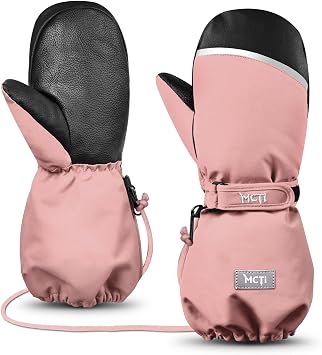 MCTi Kids Mittens Waterproof Winter Ski Warm Sherpa Lined Long Cuff with String