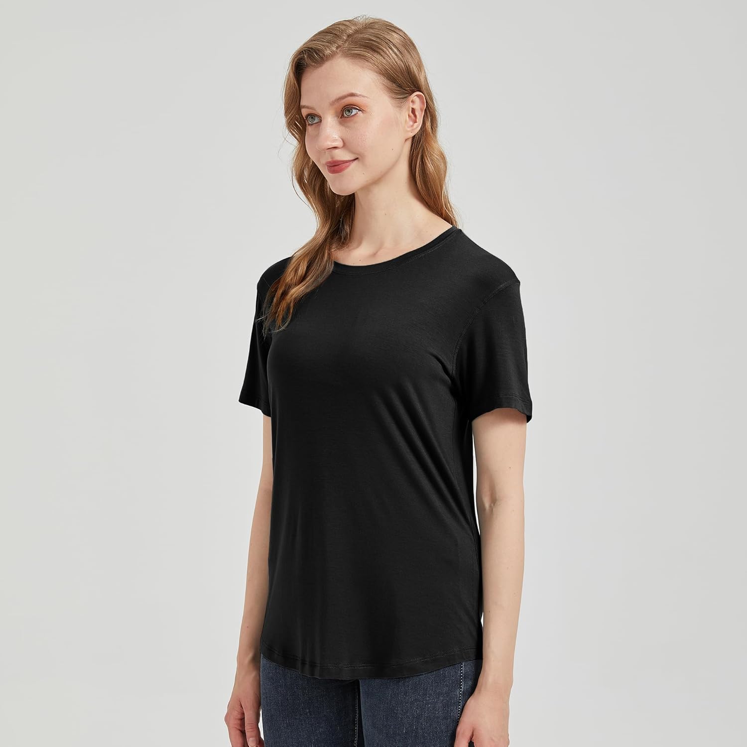 netdraw Women's Lightweight and Soft Bamboo Viscose T-Shirt Curved Hem Crew Neck Smooth Trendy Sleep Lounge Pajama Tops - Image 3