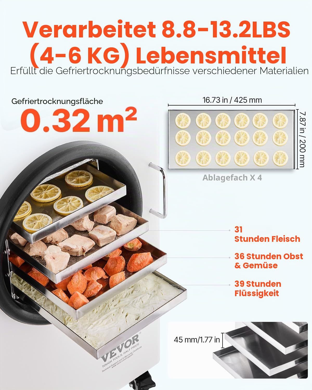 VEVOR Gefriertrockner Gefriertrocknungsmaschine Trocknungsausrüstung (4–6 kg Kapazität) für Lebensmittel mit 4-lagigen Tabletts & einstellbarer Temperatur und Zeit, für Früchte Obst Weiß