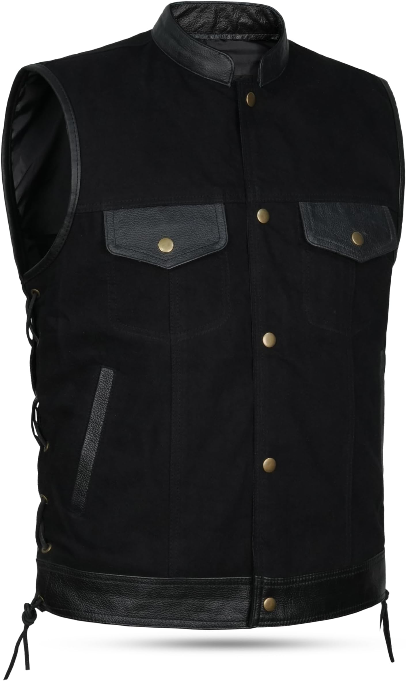 SOA Men's Biker Side Lace Denim Vest with Leather Trim