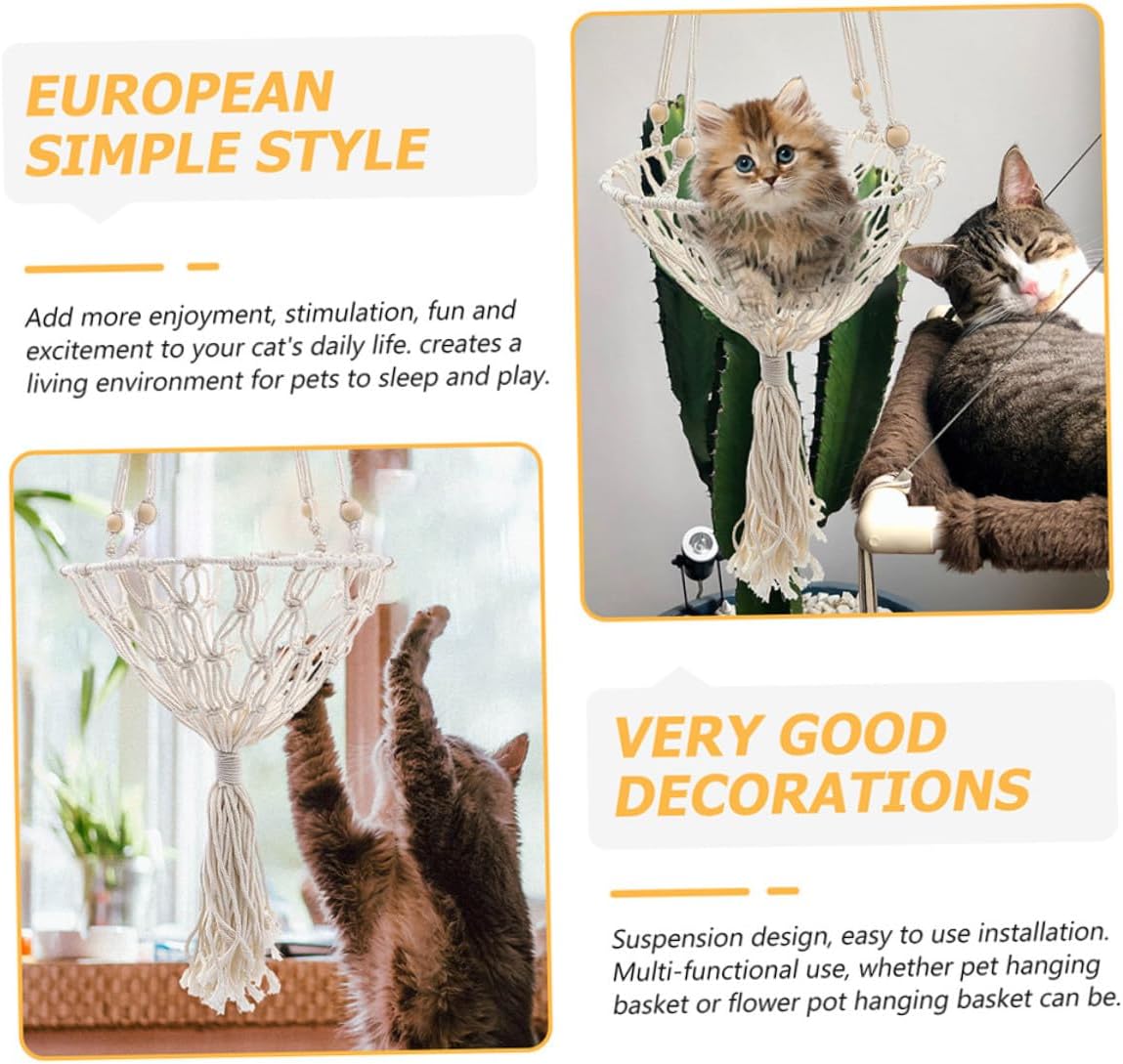 Bohemian Woven Hanging Cat Hammock 40cm Handcrafted Pet Nest Sturdy Cat Bed for Indoor Use to 30 Lbs