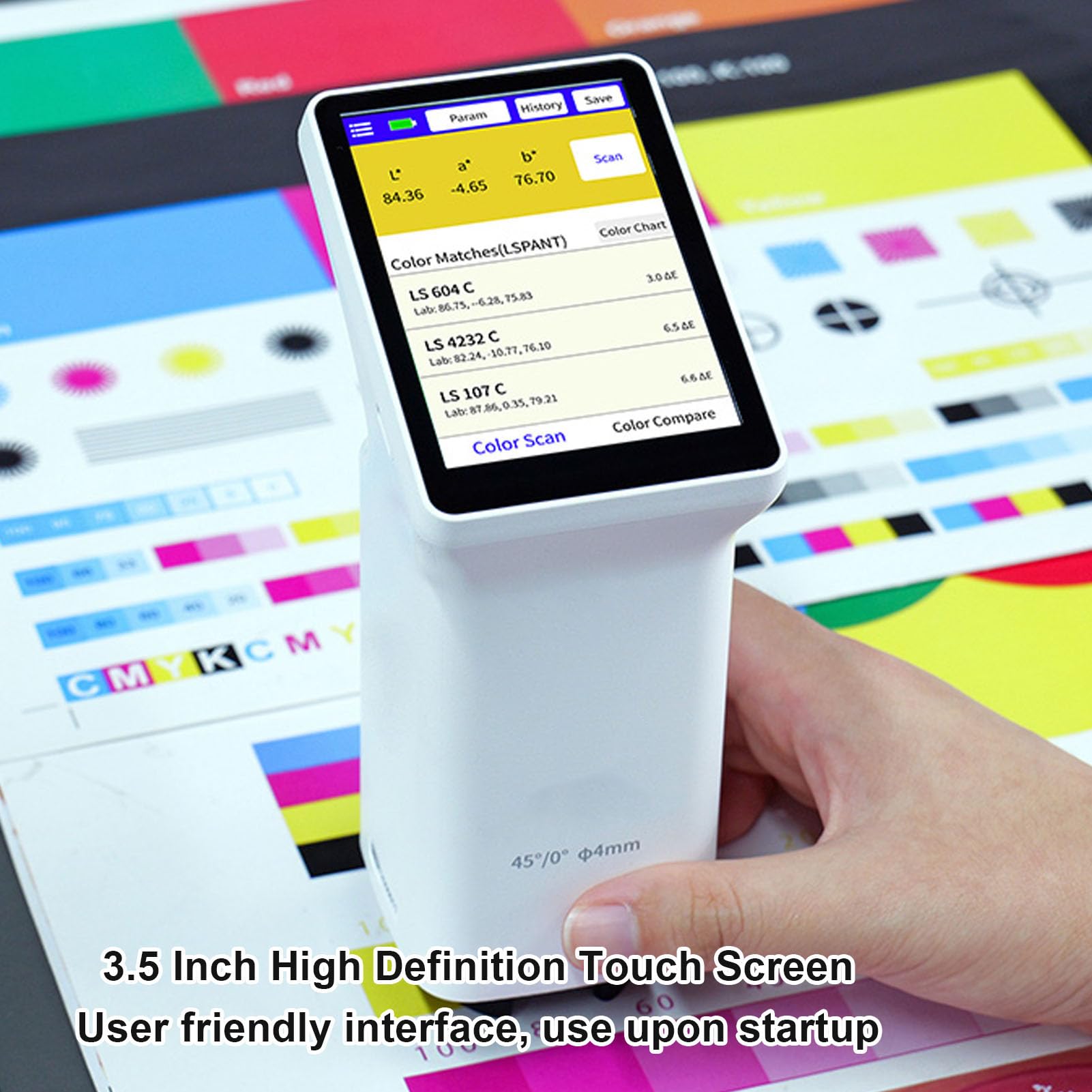 Asixxsix Kolorimeter, 4 Mm Messkaliber, Farbdifferenzmessgerät für Druckmaterialien, Etiketten, Verpackungen, 3,5-Zoll-Touchscreen, mit Mobiler APP-PC-Software, für Verschiedene