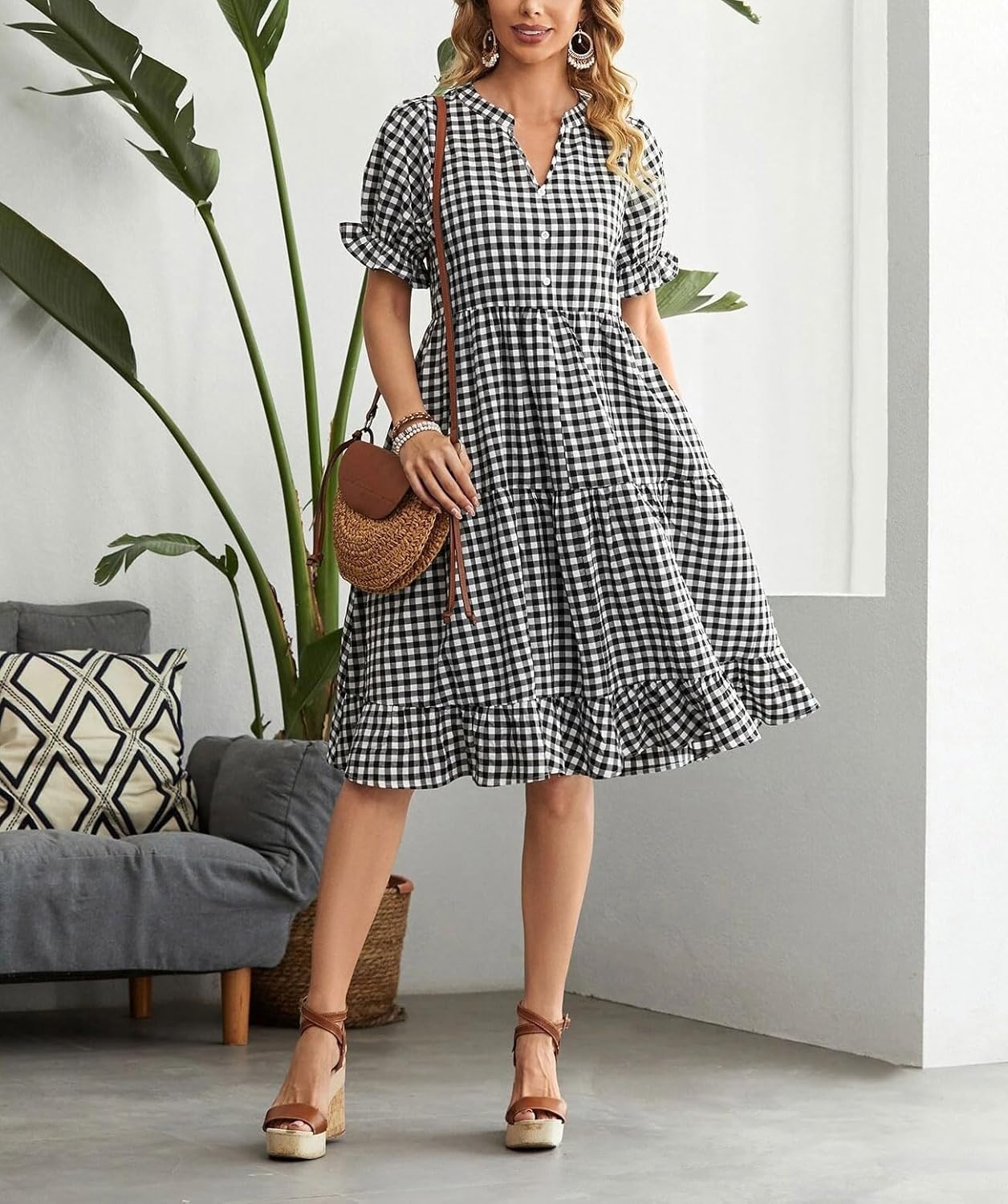 chouyatou Women's Y2k Plaid Babydoll Dress Puff Sleeve Ruffle Hem Short Dress Retro Gingham Swing Midi Dress - Image 6