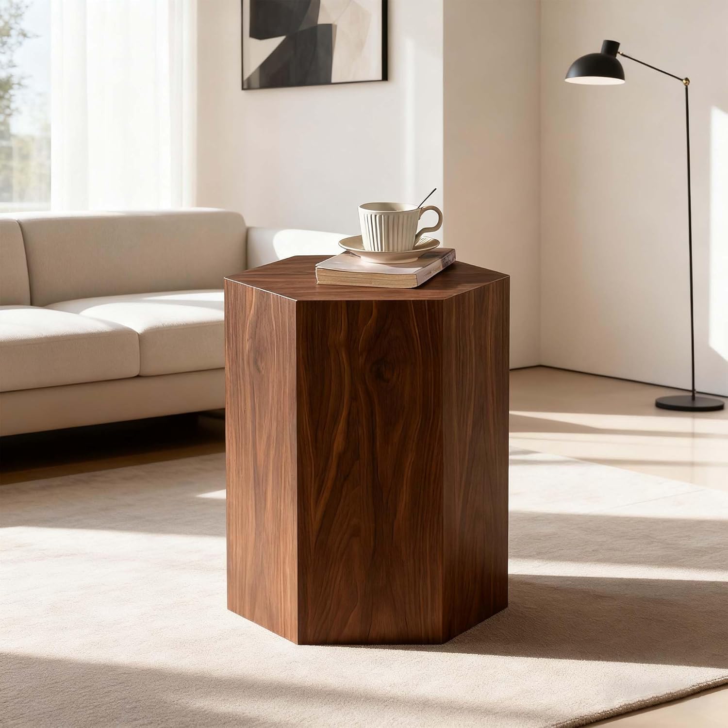 Hexagonal Wooden Center Coffee Tables for Bedroom, Modern Farmhouse Table Mid Century Vintage Table for Office, Lounge, Walnut