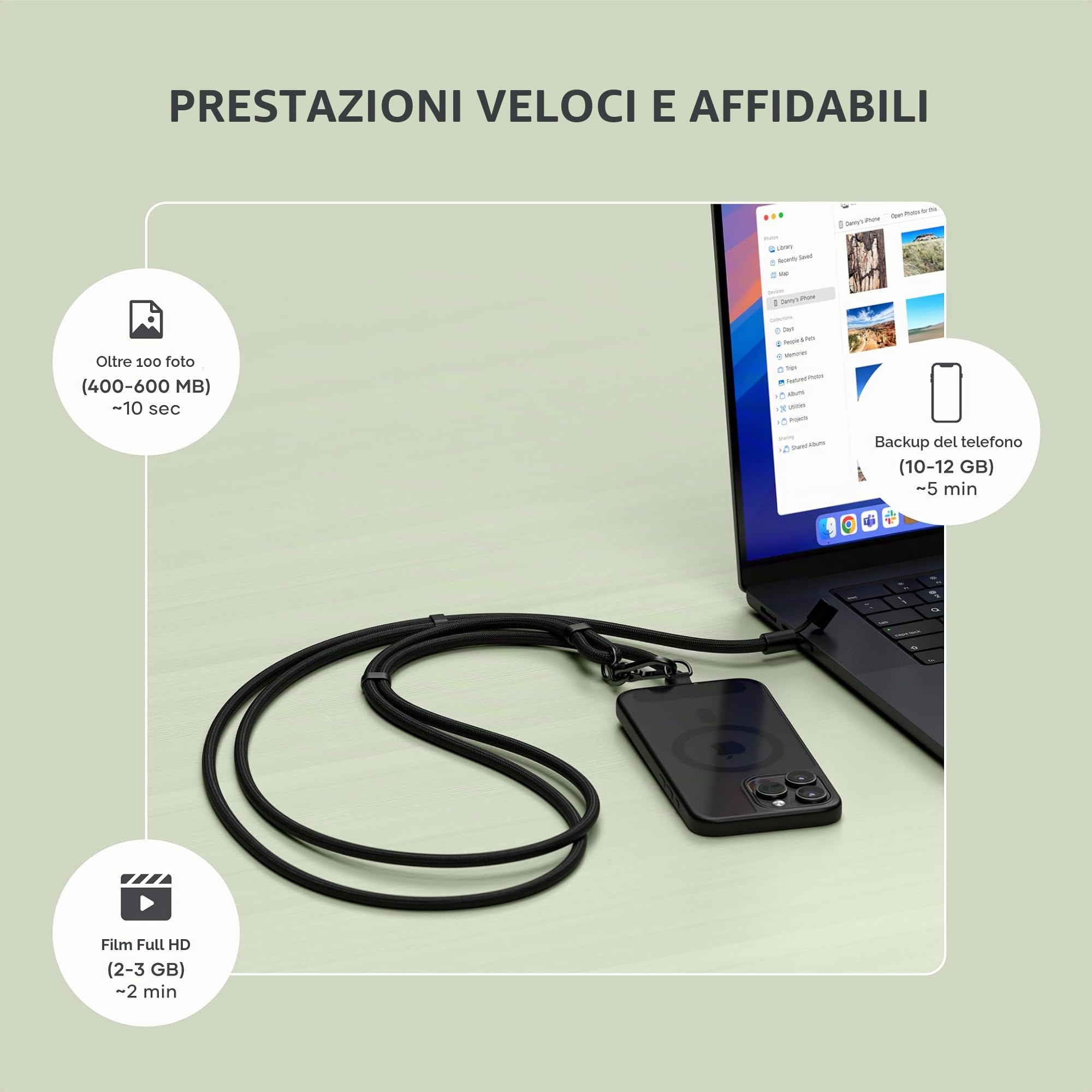 Satechi OntheGo™ Cordino per Smartphone USB C con Ricarica Rapida 60W, Dati 480 Mbps, Laccio Regolabile 1,5 m con Cavo Intrecciato per iPhone 17 16 15, Galaxy, Android – Nero