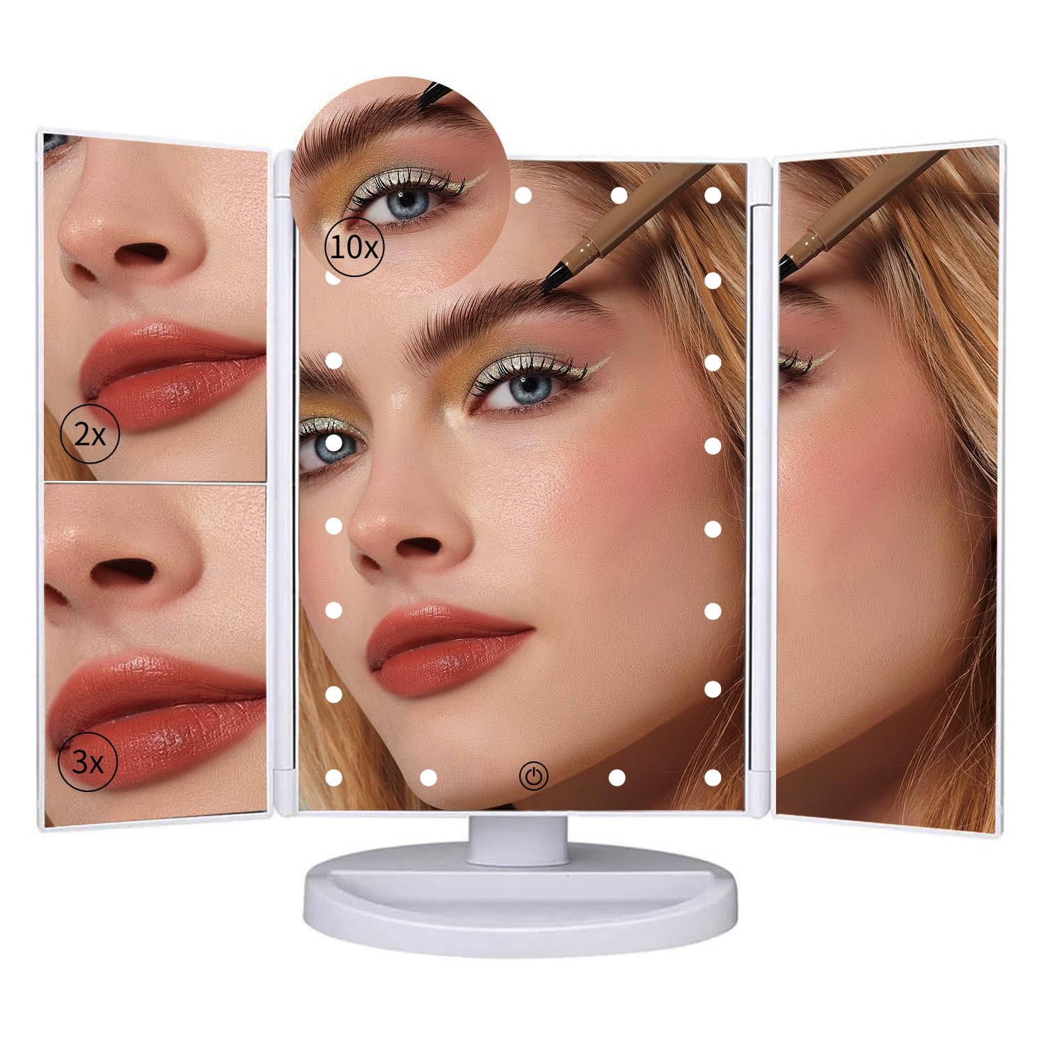 Vanity Mirror - Cosmetic LED Lighted Makeup Mirror with Tri-Fold 2X 3X 10X Magnification, Touch Screen, 180° Free Rotation, Dual Power Supply