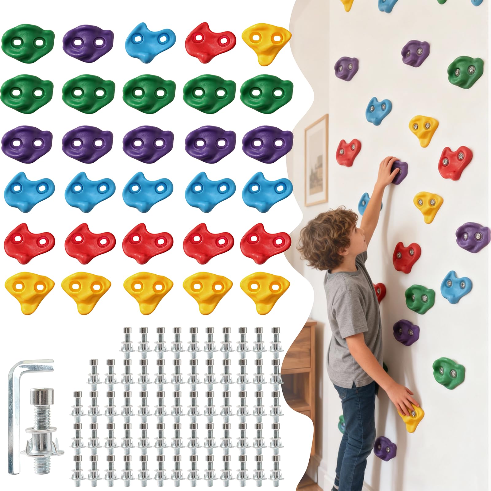 SREHRLY Climbing Grips for Kids, Adults, Large Climbing Stone Wall Grips for Indoor and Outdoor Playground Playset with Fittings, 30 Pieces