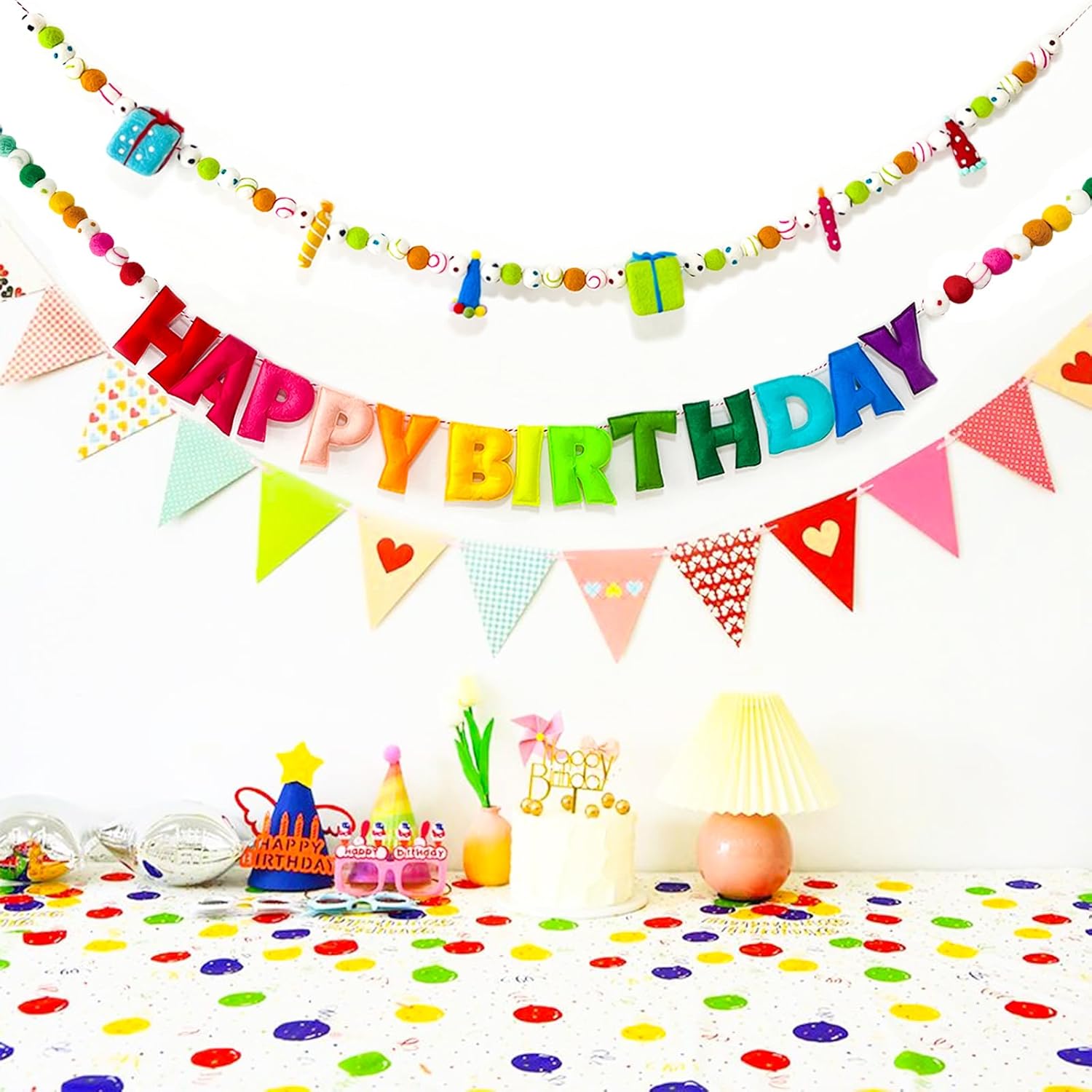 2 PCS Pre-Strung Happy Birthday Banner, Rainbow Party Decorations, HAPPY BIRTHDAY Felt Ball Garland, Personalized Birthday Sign for Birthday Decor, Party Supplies, Photo Prop, Decoración De Cumpleaños