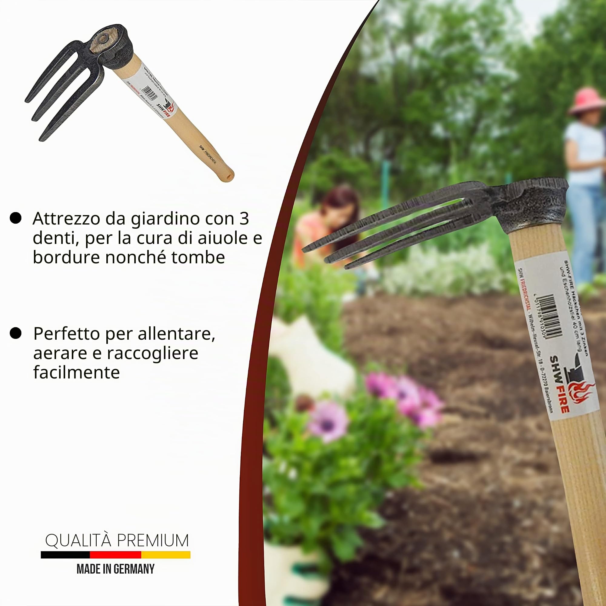 SHW-FIRE Zappa: zappa da giardino a 3 denti con manico in legno di frassino, 40 cm, forgiata di alta qualità