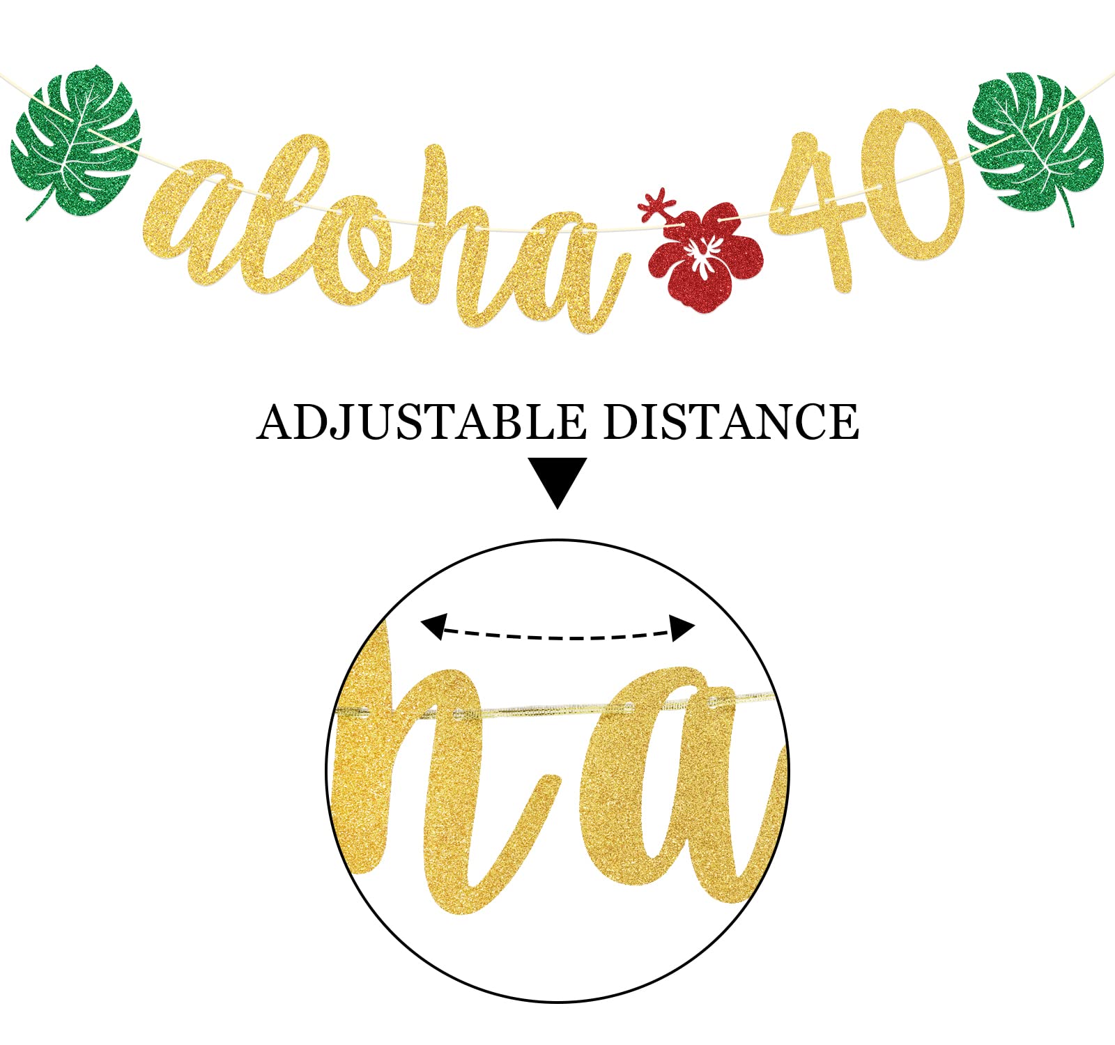 Aloha 40 pancartas, decoraciones de fiesta Aloha, pancarta hawaiana de 40 cumpleaños para decoraciones de fiesta de cumpleaños tropical Luau, decoraciones de hojas de palma, purpurina verde dorado