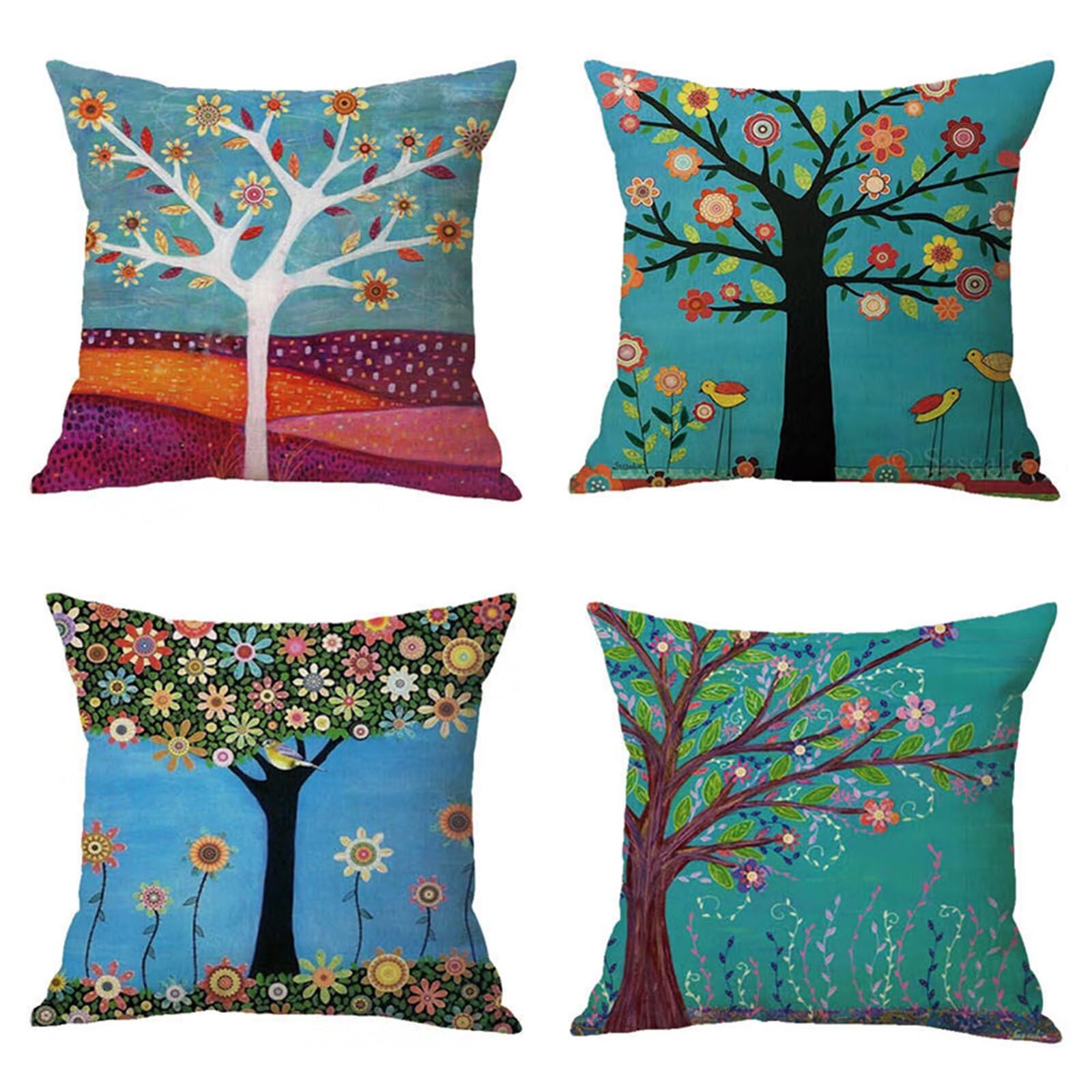 Juego de 4 Impermeable Funda de Cojín Flores y árboles,55x55cm Moderno Suave Transpirables Lino Fundas de Almohada Cojines Decorativos con Cremallera Oculta para Exterior Sofá Cama Coche Hogar