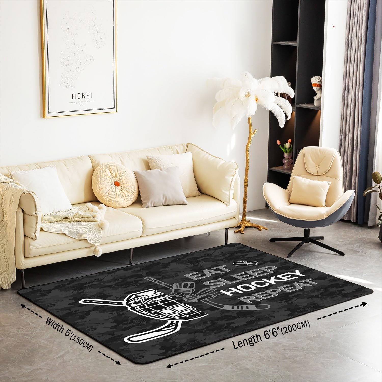 Feelyou Kids Ice Hockey Area Rug 3x5 Eat Sleep Hockey Living Room Rugs for Boys Girls Winter Sports Hobby Black Camo Decorative Carpet Women Men Indoor Floor Mat