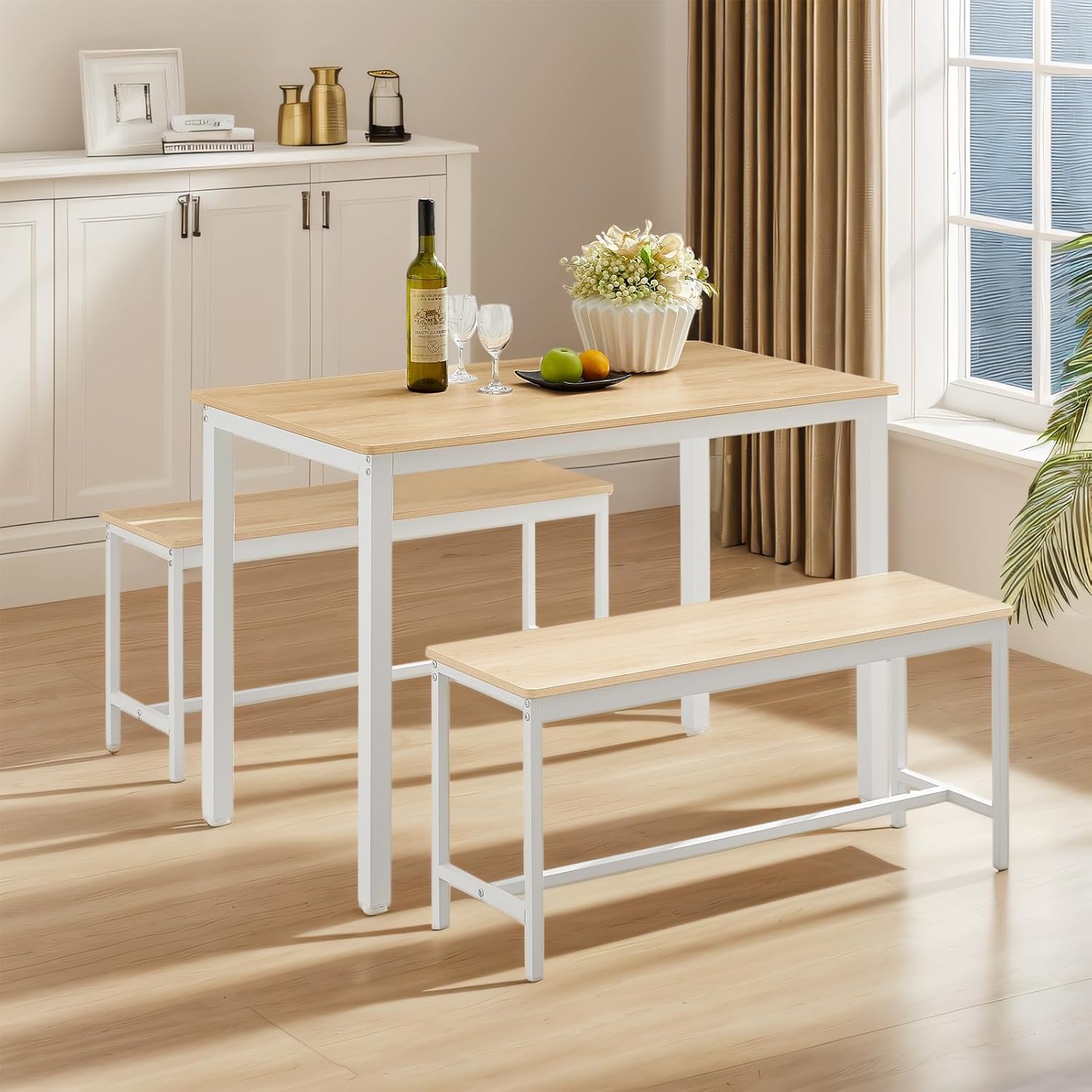 Dining Table Set for 4, Small Kitchen Set with 2 Benches, Kitchen Table with Metal Frame and Adjustable Feet, 3-Piece Dining Room Set for Breakfast Nook and Small Space, White