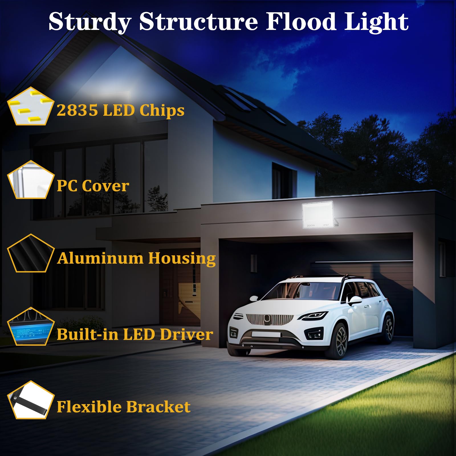 Focos Led Exterior, 200W 20000LM Focos LED Floodlight 6500K Blanco Frío, IP67 Impermeable Proyector LED Exterior, Luces Led Exterior para Jardín, Garaje, Terraza, Patio,Trasero, 2PC