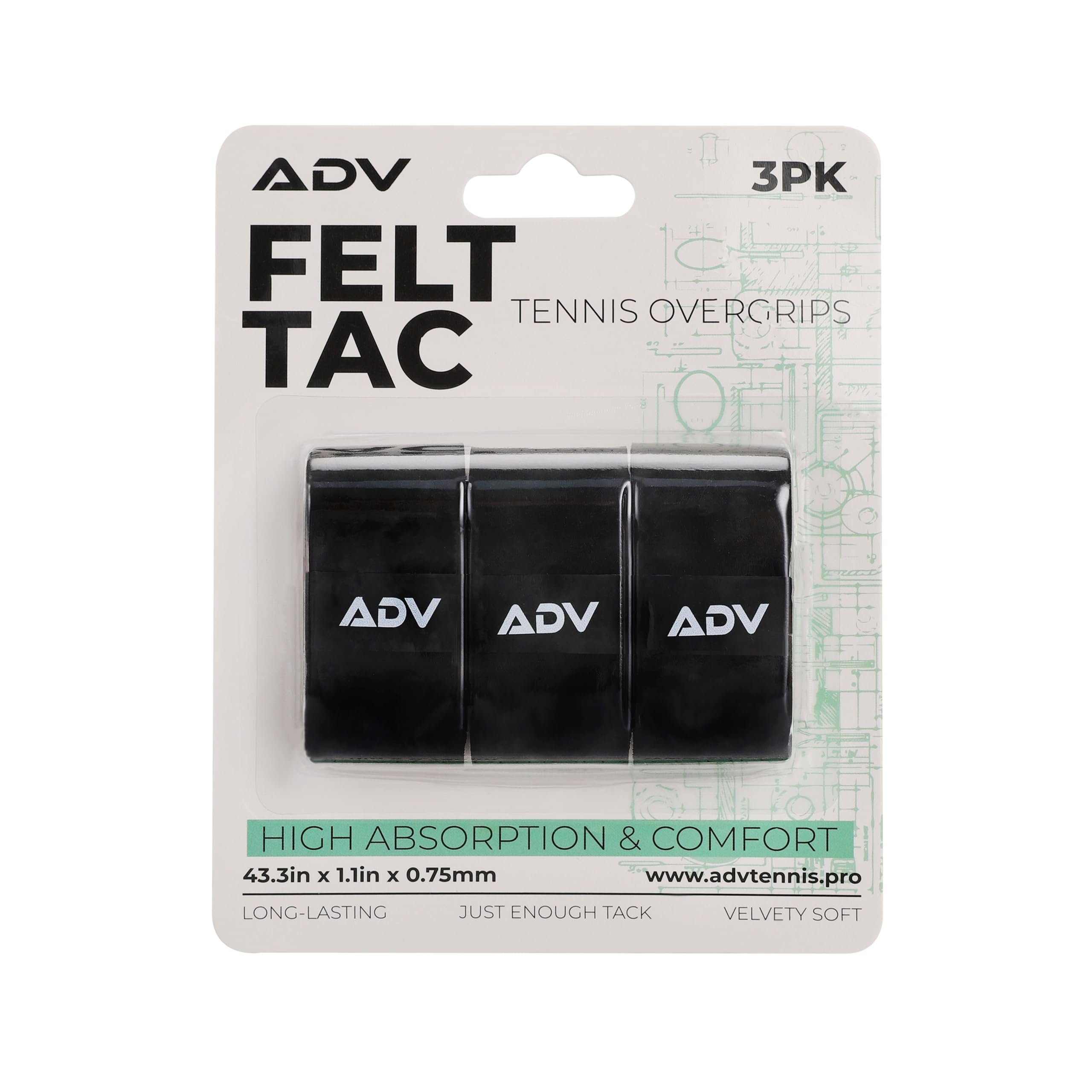 ADV Felttac Pickleball Grip Tape - Soft, Very Durable, Sweat Absorbing Pickleball Overgrip Tape - Dry & Comfortable Pickleball Paddle Grip Tape - Easy to Use & Easy to Install (3-Pack Black)
