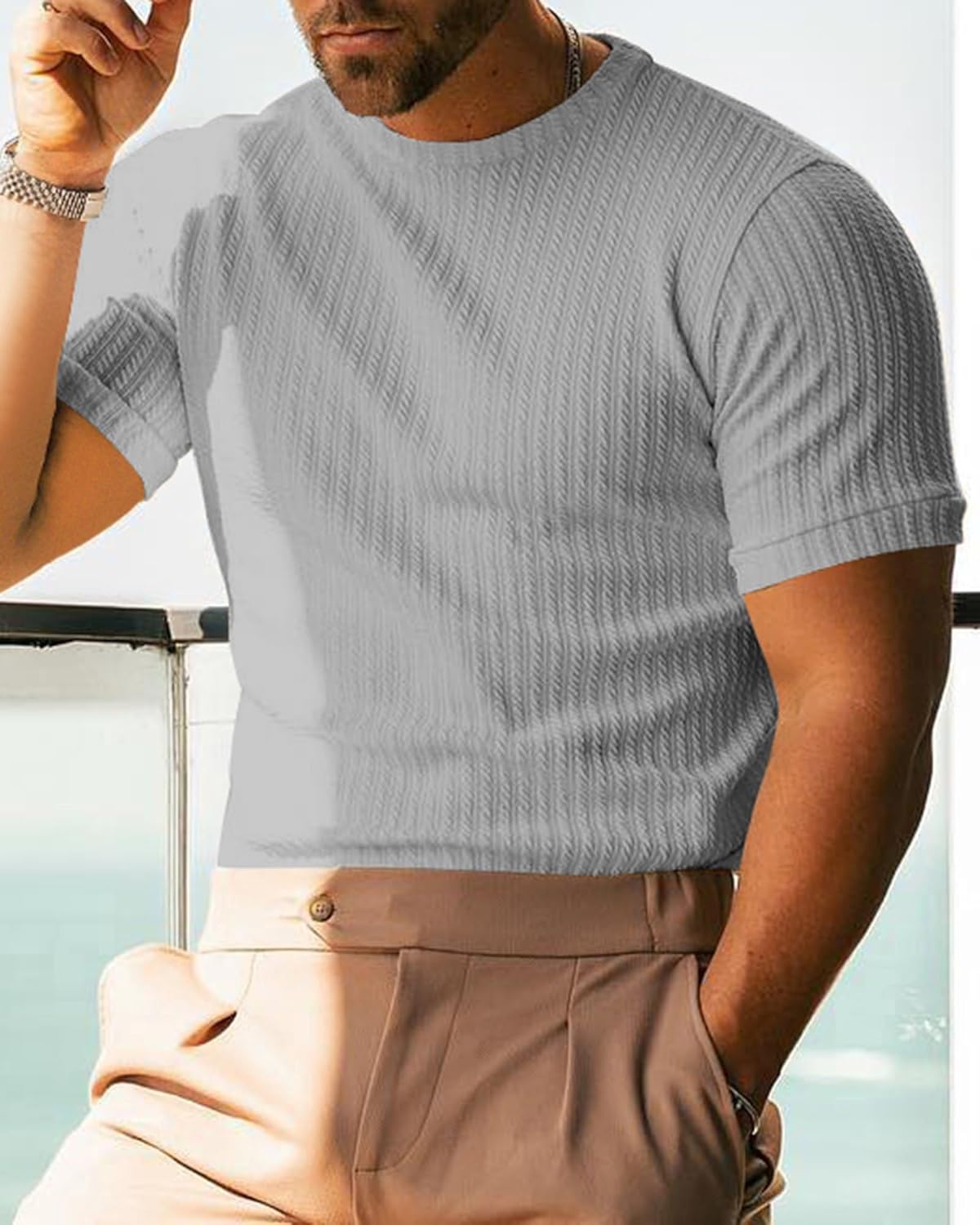 Men's Ribbed Knit T-Shirts Short Sleeve Casual Crewneck Slim Fit Textured Pullover Tees - Image 2