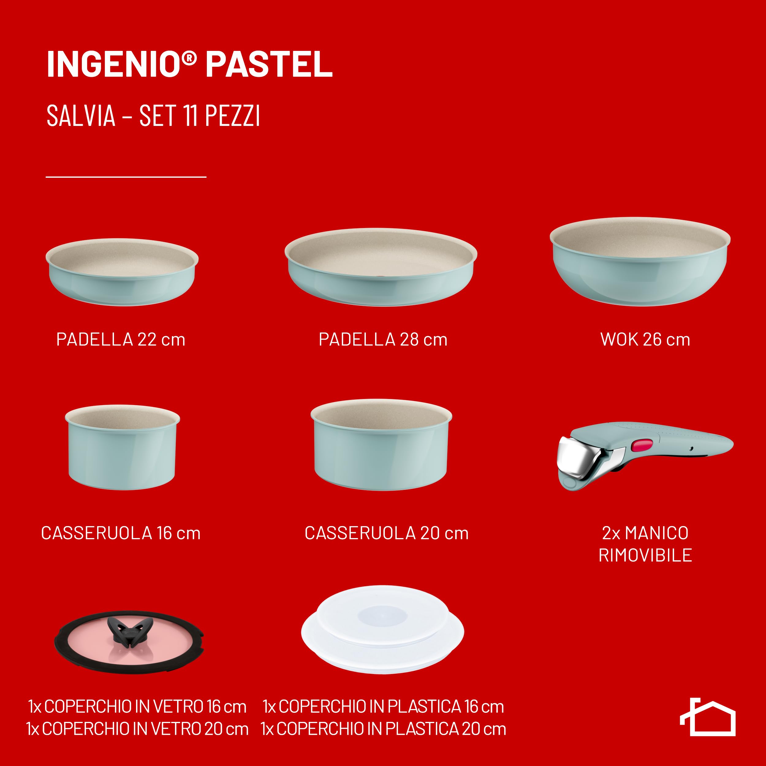 Lagostina Ingenio Pastel, Set di Padelle Antiaderenti 11 Pezzi con Manico Rimovibile, Compatibili con Induzione e Forno, Design Salvaspazio, Colore Salvia