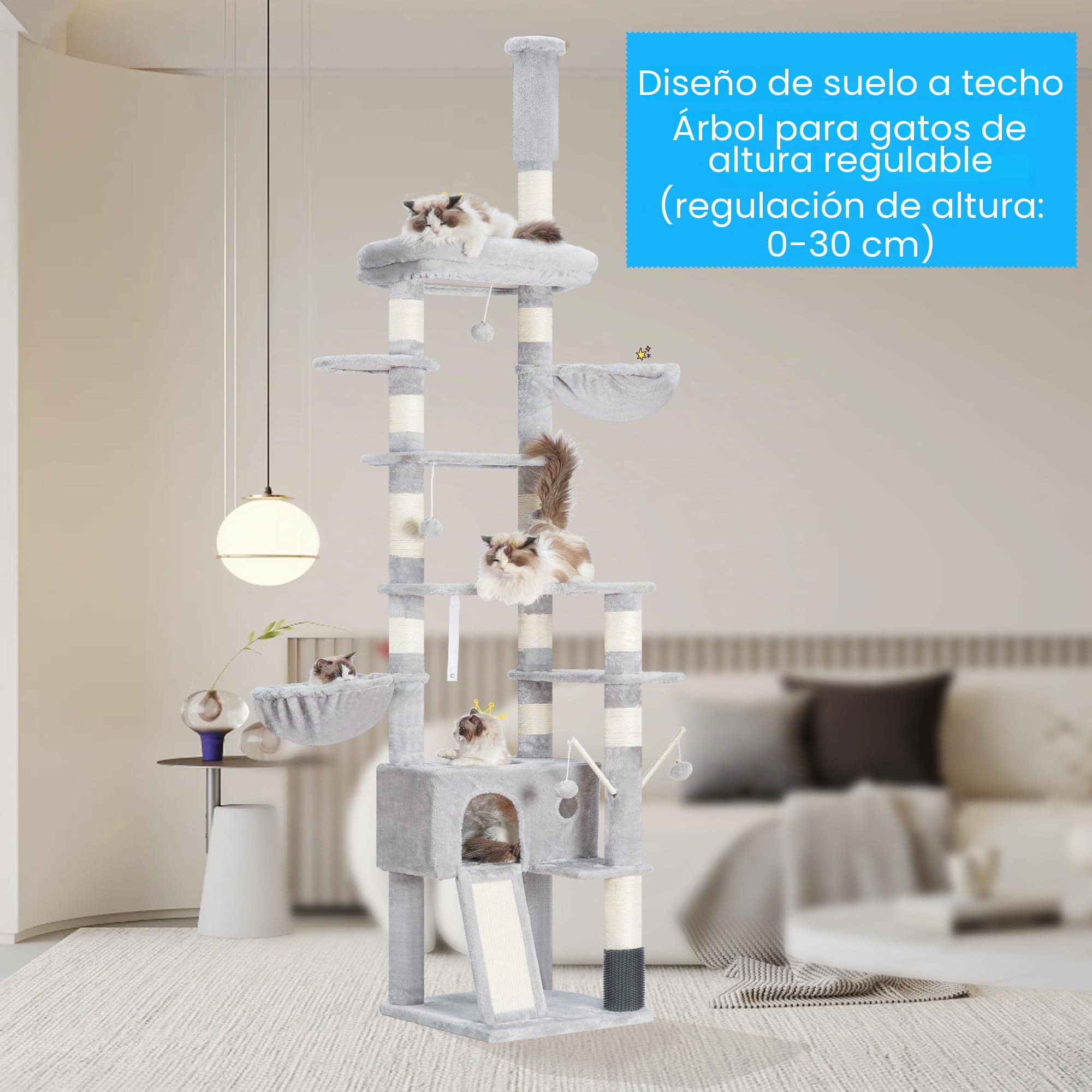 Hey-brother Rascador para Gatos XXL, Altura Ajustable, 250 cm-280 cm, Que llega hasta el Techo, Torre para Gatos Grandes, con Cueva, Gris Claro 0MPJ091W