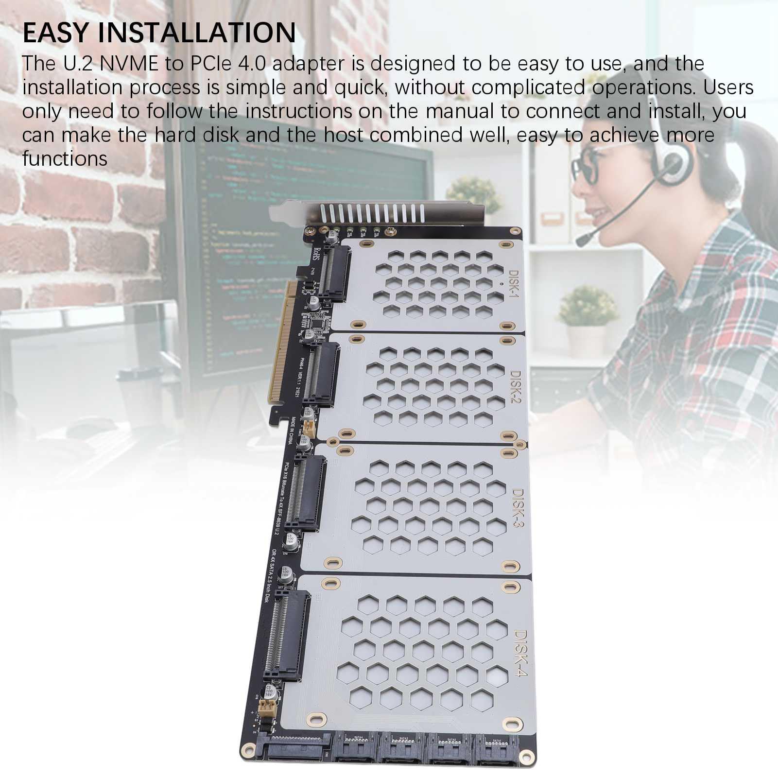 Annadue Adapter U.2 NVMe na PCIe 4.0 X8 SFF 8639, Wewnętrzny Konwerter Dysku Twardego SSD do Stacjonarnej Stacji Roboczej, Karta rozszerzeń Pamięci Komputera 2,5 Cala