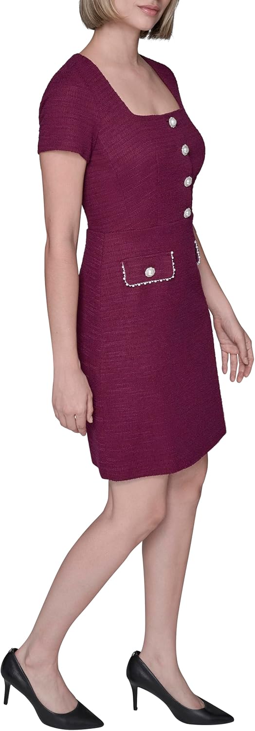 Karl Lagerfeld Womens Short Sleeve Stretch Texture Knit Tweed A-line Dress - Image 3