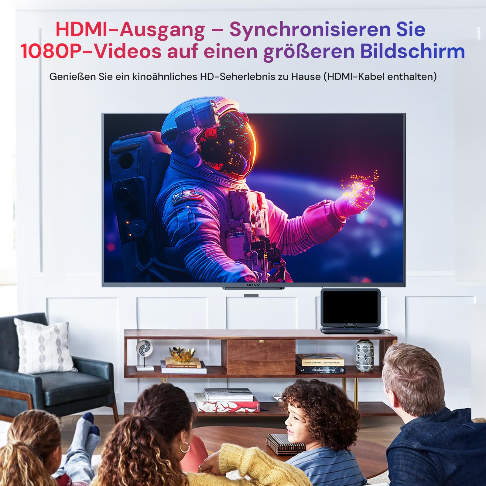 GOnavidio 15,4 Zoll Tragbarer Blu Ray DVD Player Mit HDMI Kabel, 270 ° drehbar HD 1920x1080, Blue Ray Player Tragbar Inklusive wiederaufladbarem 5 Stunden Akku USB/SD