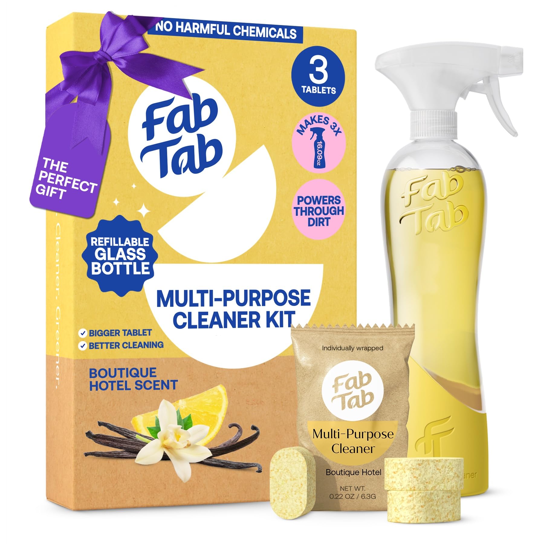 Fab Tab Multi Purpose Cleaner Cleaning Tablets, Eco-Concious Refillable Glass Bottle System with Boutique Hotel Scent, Safe For Family and Pets -