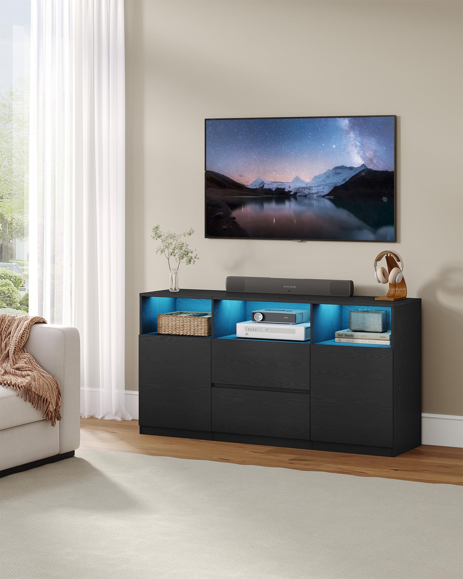 Hzuaneri Mueble de TV, con Luces LED, 147 x 40 x 76 cm, Negro | Mesa de TV de hasta 65 Pulgadas, 2 Cajones, 2 Gabinete y 3 Compartimentos, para Salón, Dormitorio, TV17004XEU