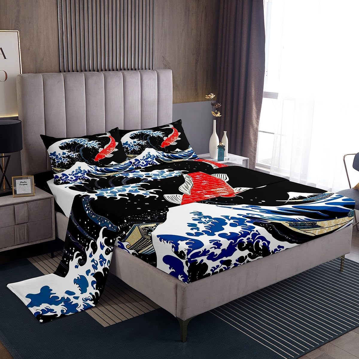 Feelyou Japanese Ukiyoe Fish Bed Sheets Ocean Surfing Koi Toddler Sheet Set Kids Boys Adult Japanese-Style Exotic Koi Animal Bed Set Exotic Style Sheets Bedroom Collection 4Pcs Queen Size