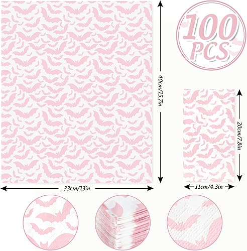Miniatura 2 de AnyDesign Paquete de 100 servilletas de 3 capas desechables de papel de murciélago rosa para Halloween, servilletas de mano para fiesta de