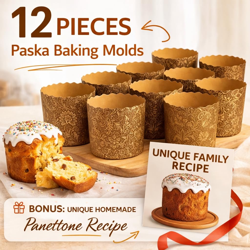 Moldes para hornear Kulich y Panettone de 12 onzas, paquete de 12 unidades, moldes de papel antiadherentes para pan de Pascua, 4.7 pulgadas de ancho x 3.1 pulgadas de alto, aptos para horno y