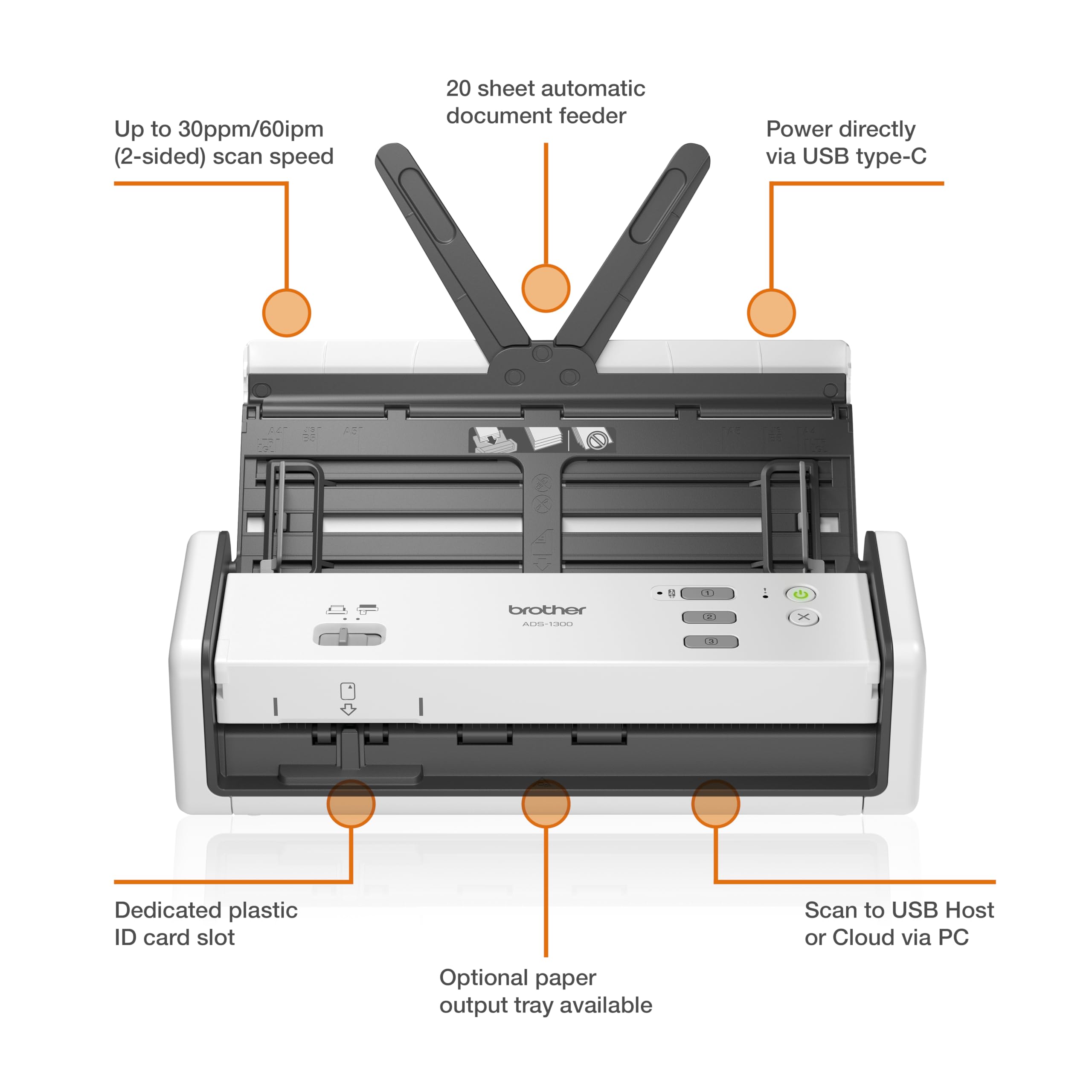 Brother ADS1300 Portable Document Scanner|20 sheet ADF |ID card slot |USB type C |OCR and PDF software included | UK Plug — view 2