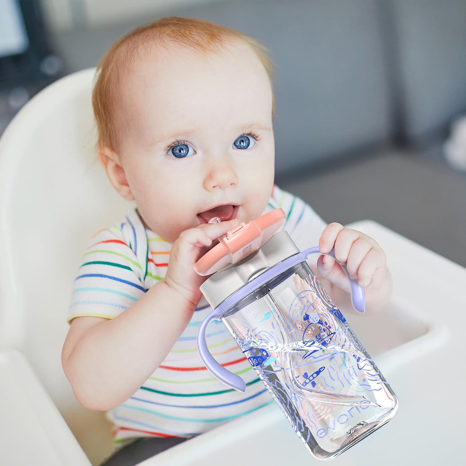 Evorie Tritan Spill Proof Toddler Straw Sippy Cup, 10 oz for Baby and Toddlers 1-3 Years Old, No Spill Straw Water Bottle with Removable Handles, Ideal for School, BPA-Free, Travel in Space - Image 8