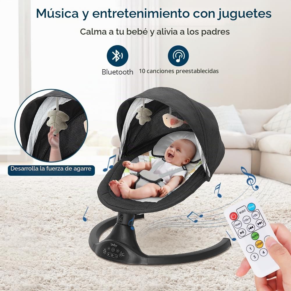 Bioby Hamaca Bebe Electrica, Mecedora Bebe con Arnés de 5 Puntos, 5 Amplitudes de Balanceo, con Bluetooth, Mando a Distancia, Columpio Bebe Balancin Ligero para Bebés de 2 a 9 kg, 0-10 Meses (Negro)
