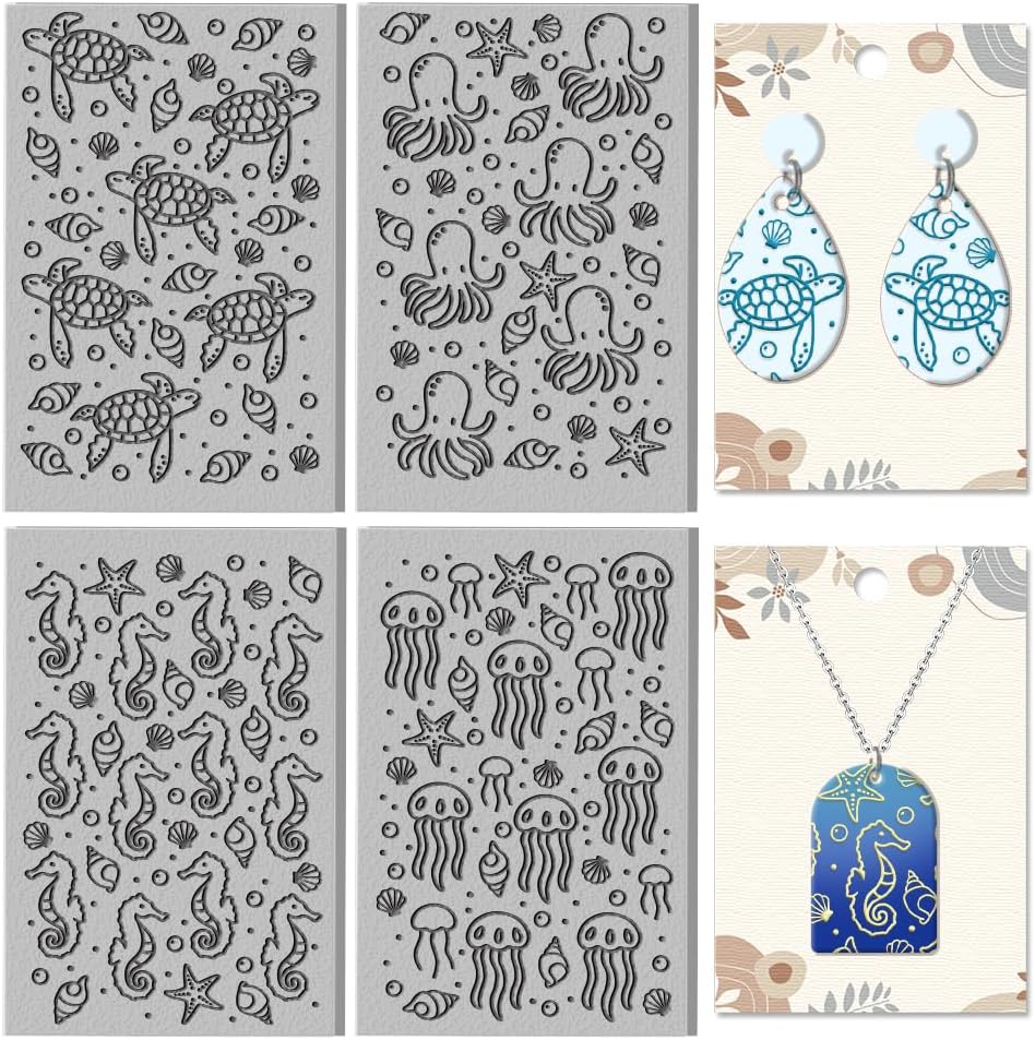 CHGCRAFT 4 Sheet Marine Animals Clay Texture Mat Octopus Starfish Molding Pattern Pad Turtles Seahorses Polymer Clay Texture Sheets DIY Tools for Earring Jewelry Making, 3.9x2.6inch