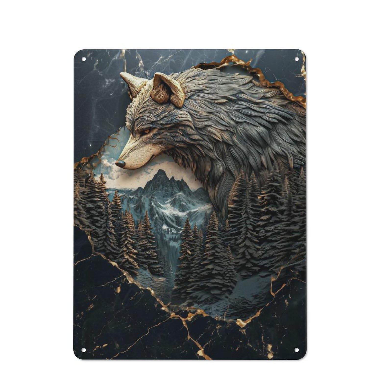 Metal Wall Sign 40x30cm Featuring Wolf Mountain Landscape for Café Or Restaurant, A New Home Present for Hospitality Interior Collectors