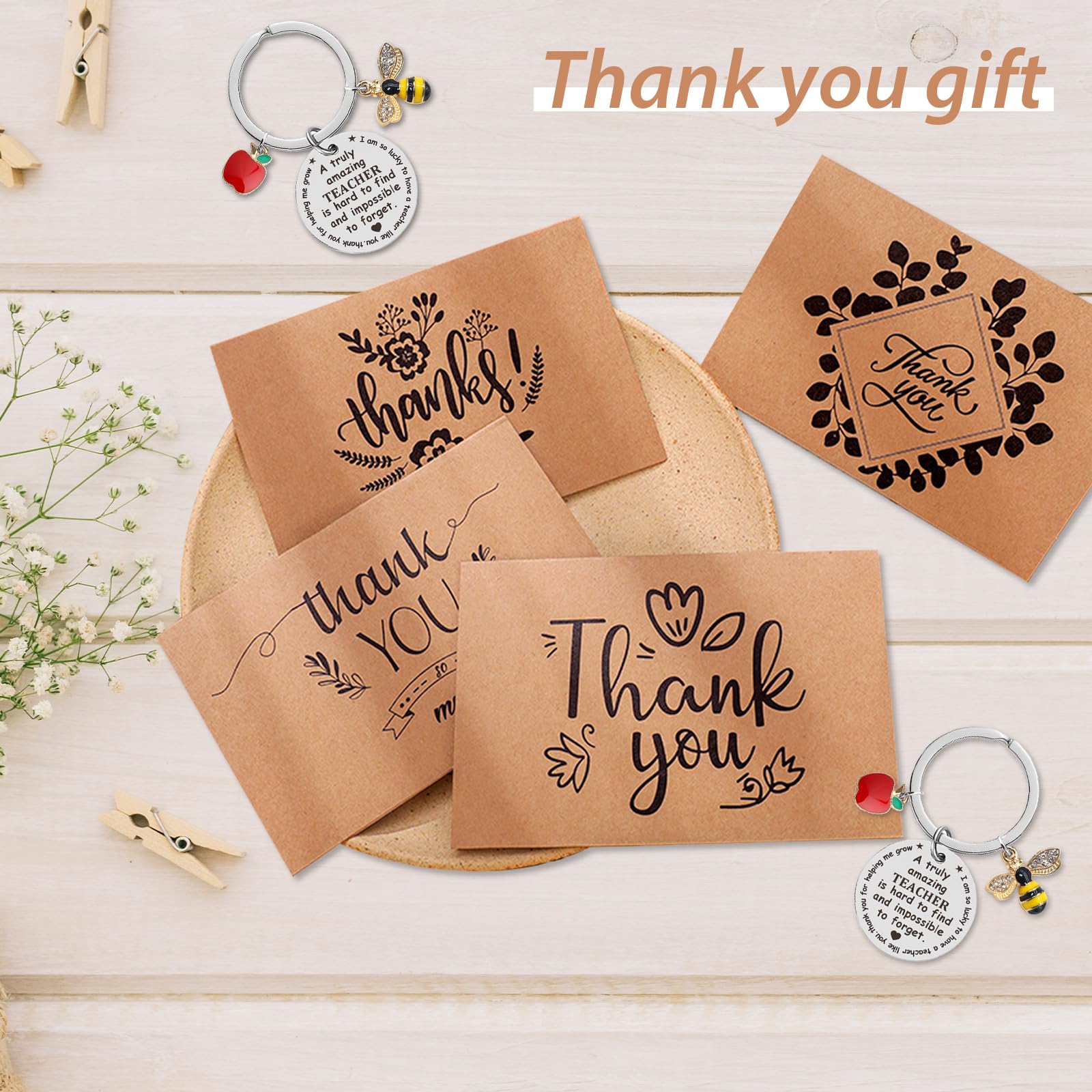 Thank You Gift for Teacher 6 Pack Thank You Teacher Gifts Appreciation Gift Brown-Paper Thank You Cards with Envelopes Stainless Inspirational Keychain for Thanksgiving Christmas Graduation Gifts - Image 2