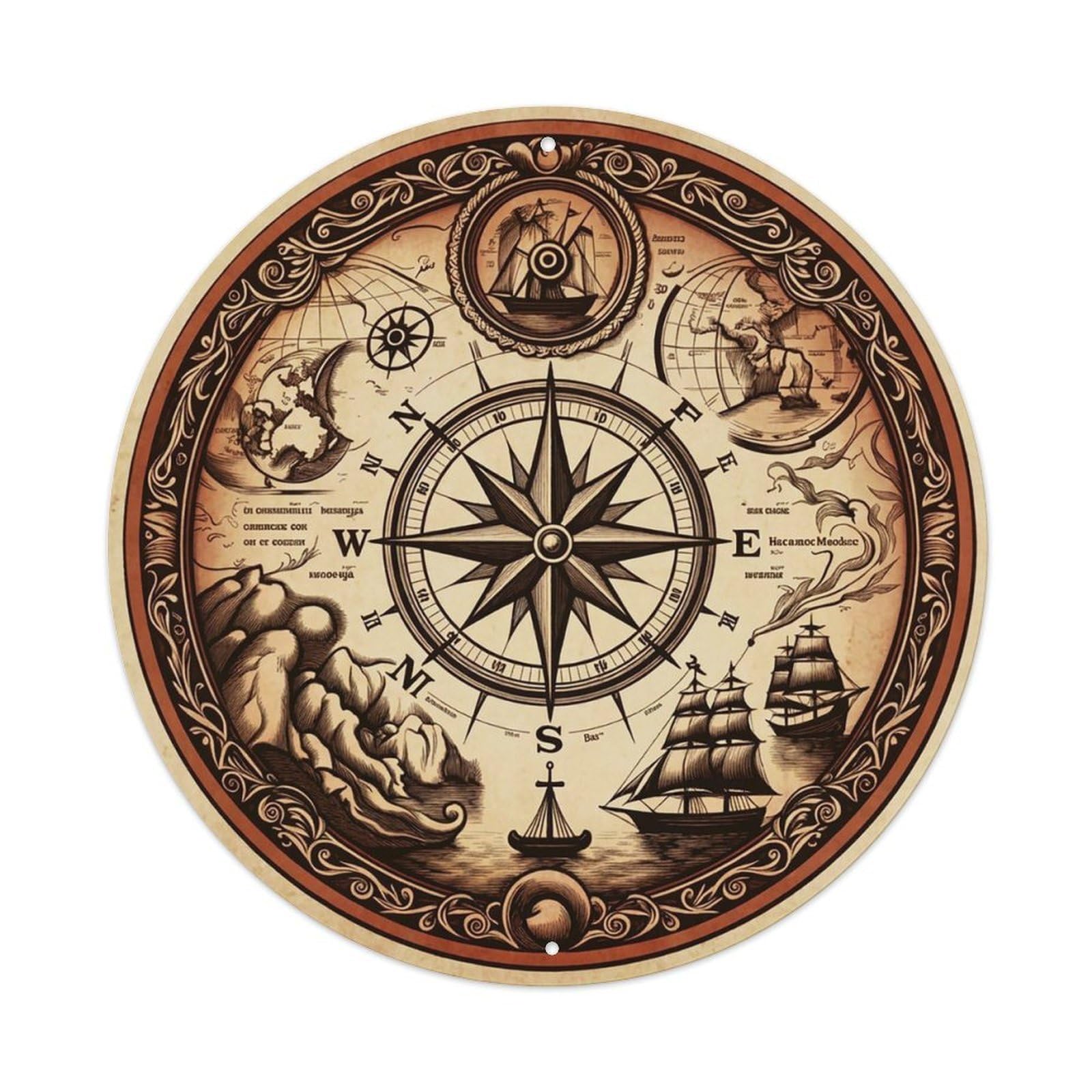 Vintage Nautical Compass World Map Skyline Heritage Metal Tin Sign