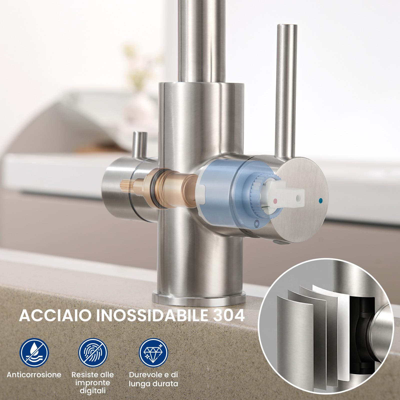 CECIPA Grifo Cocina 3 Vías Acero Inoxidable Purificador Agua Filtrada | Grifo cocina 3 vías acero inoxidable 304 con agua filtrada, válvula cerámica, aerador ABS, rotación 360, ahorro de agua