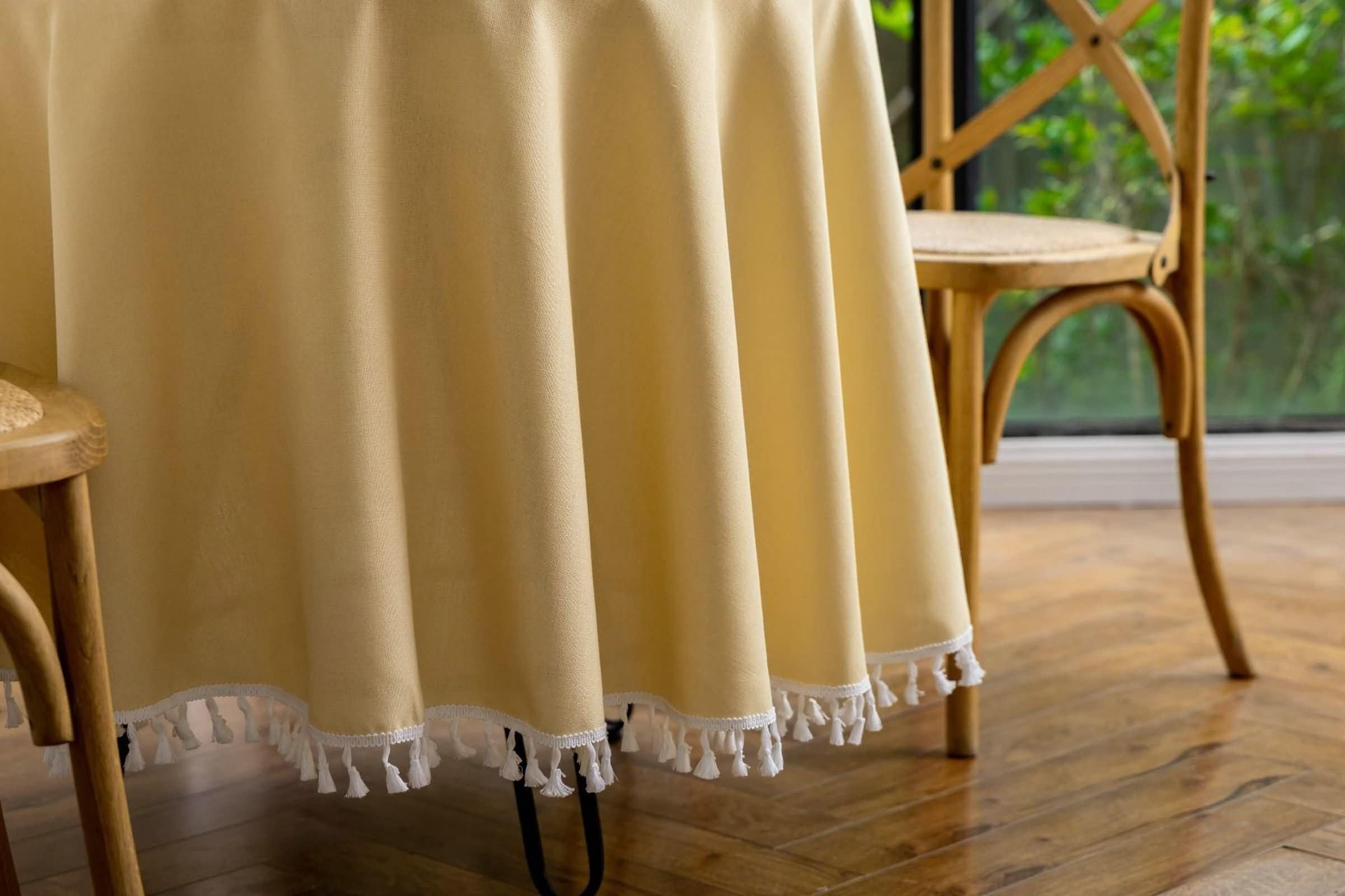 Gelb Tischdecke Rund 160 cm, Leinen Baumwolle Einfarbig mit Quaste, Tischdecke Modern Wohnzimmer