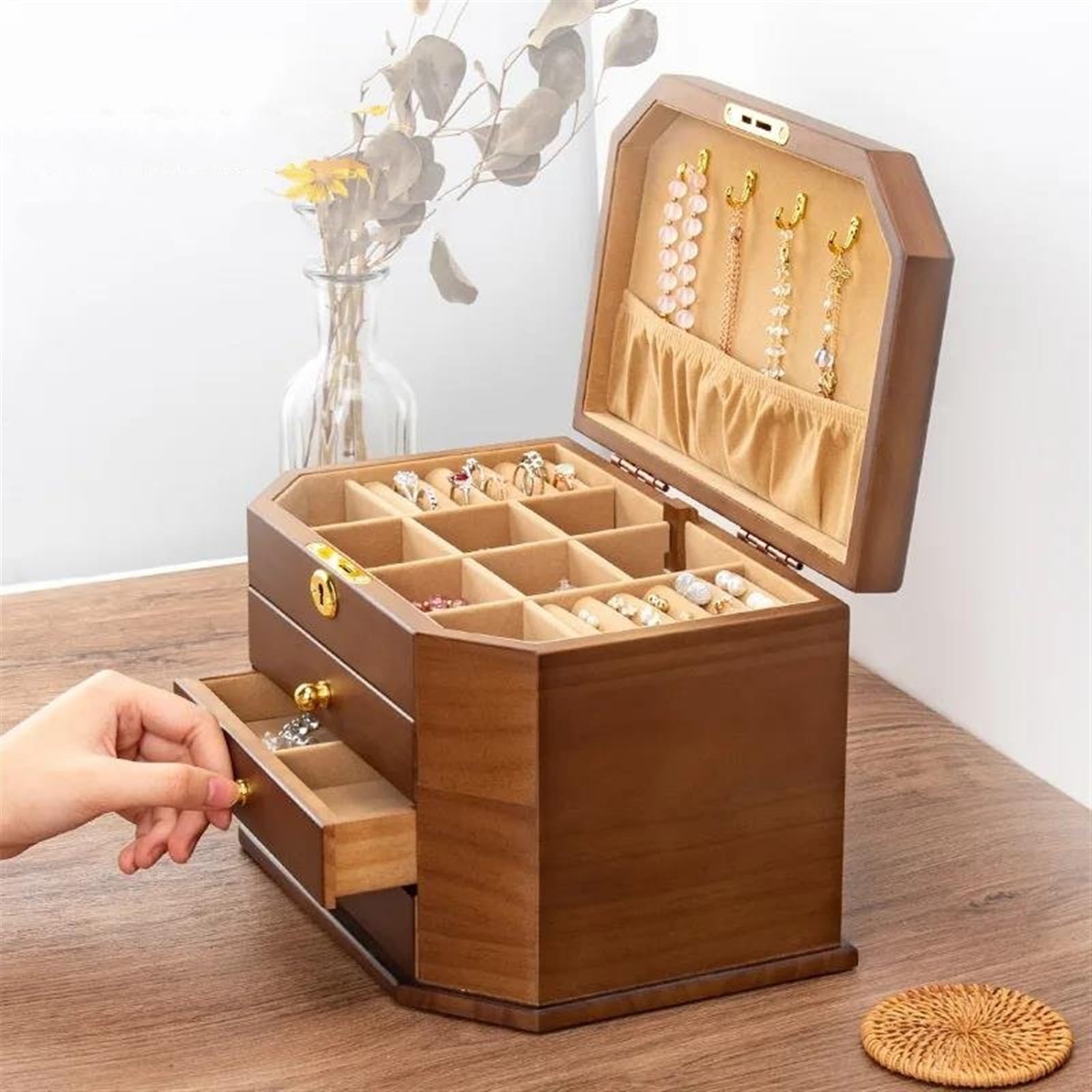Caja para Anillos de Madera Maciza, Almacenamiento de Joyas con Cerradura, Pendientes y Collares, Gran Capacidad, Cajas Sencillas de Estilo Vintage para joyería.