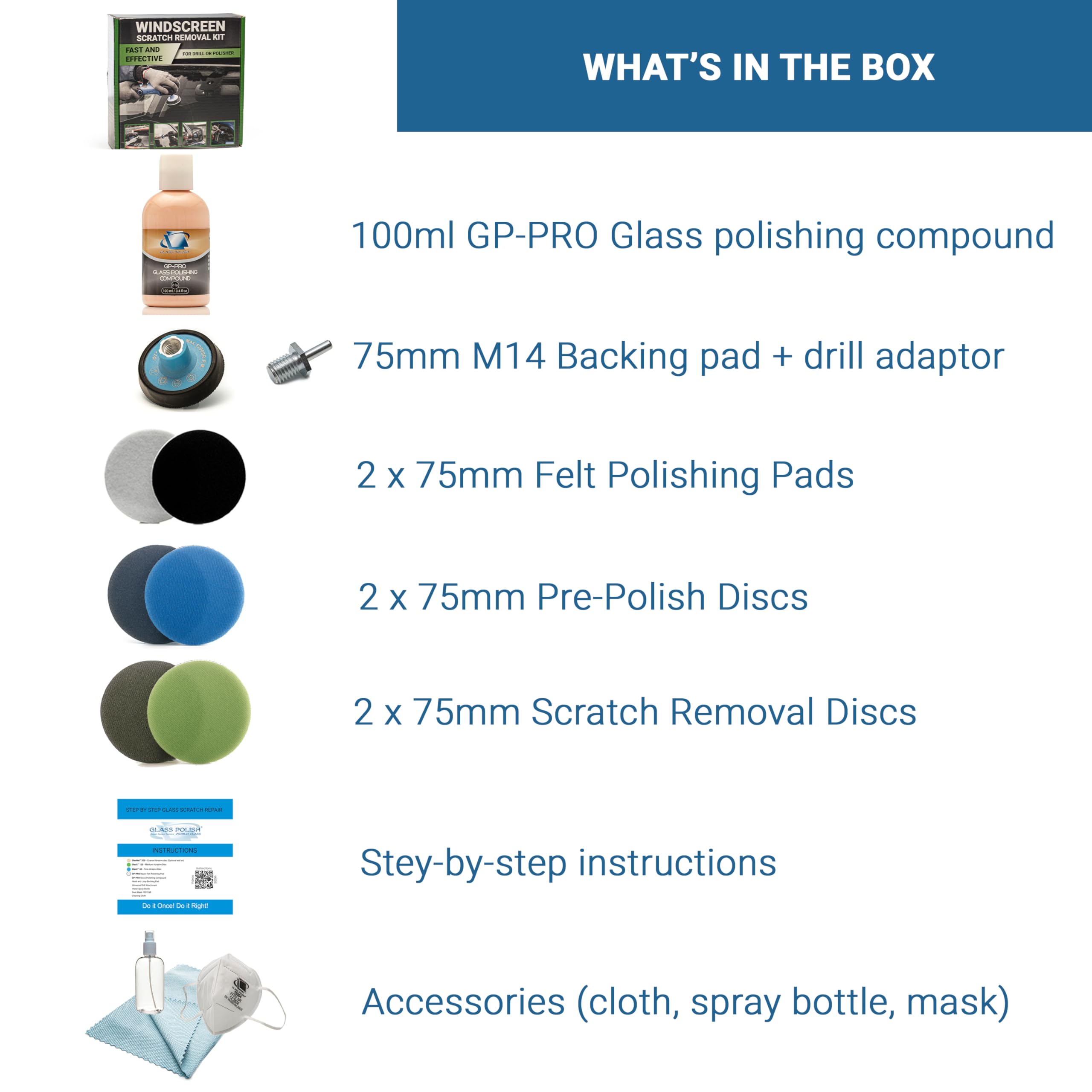 GLASS POLISH DIY 75mm Windscreen Scratch Removal Kit for All Car Glass, Removes Deep Scratches, Wiper Blade Damage & Haziness, Restores Clear Visibility