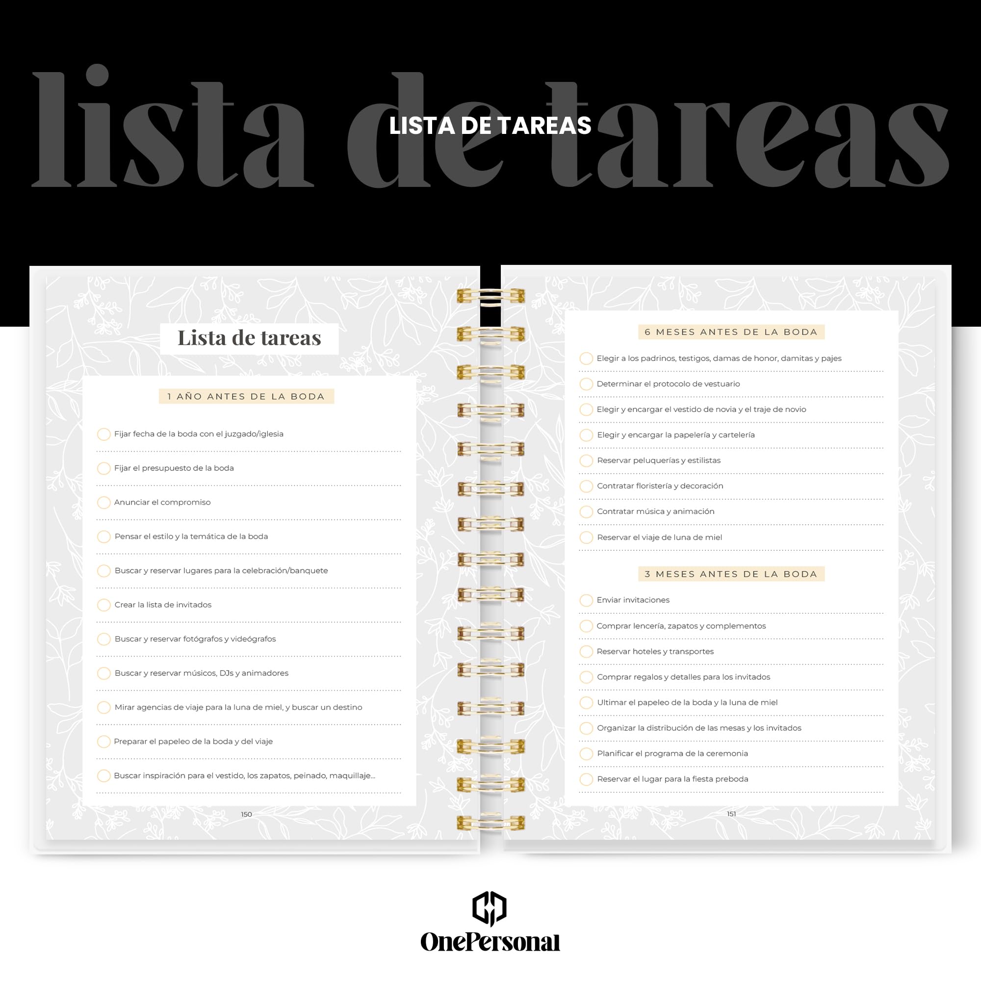 Agenda Boda Perfecta para Organizar cada detalle de tu Día - Ideal Para Novias y Novios, Esta Agenda de Boda te Ayudará a Planificar desde la Ceremonia hasta la Recepción. ONEPERSONAL(PERSONALIZAR)