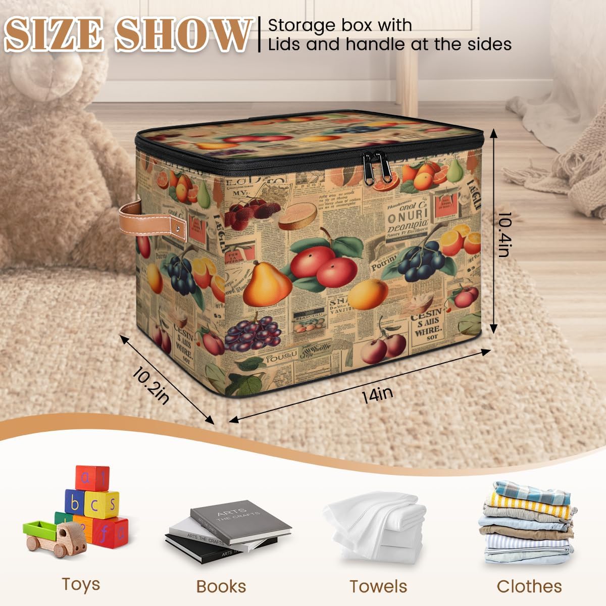 Storage Bin Set of 2 Newspaper Fruits Storage Basket with Zipper Lid & Handle Foldable Closet Shelf 2 Pack Cloth Organizer Basket Cube Bins Clothes Organizer for Bedroom, Nursery