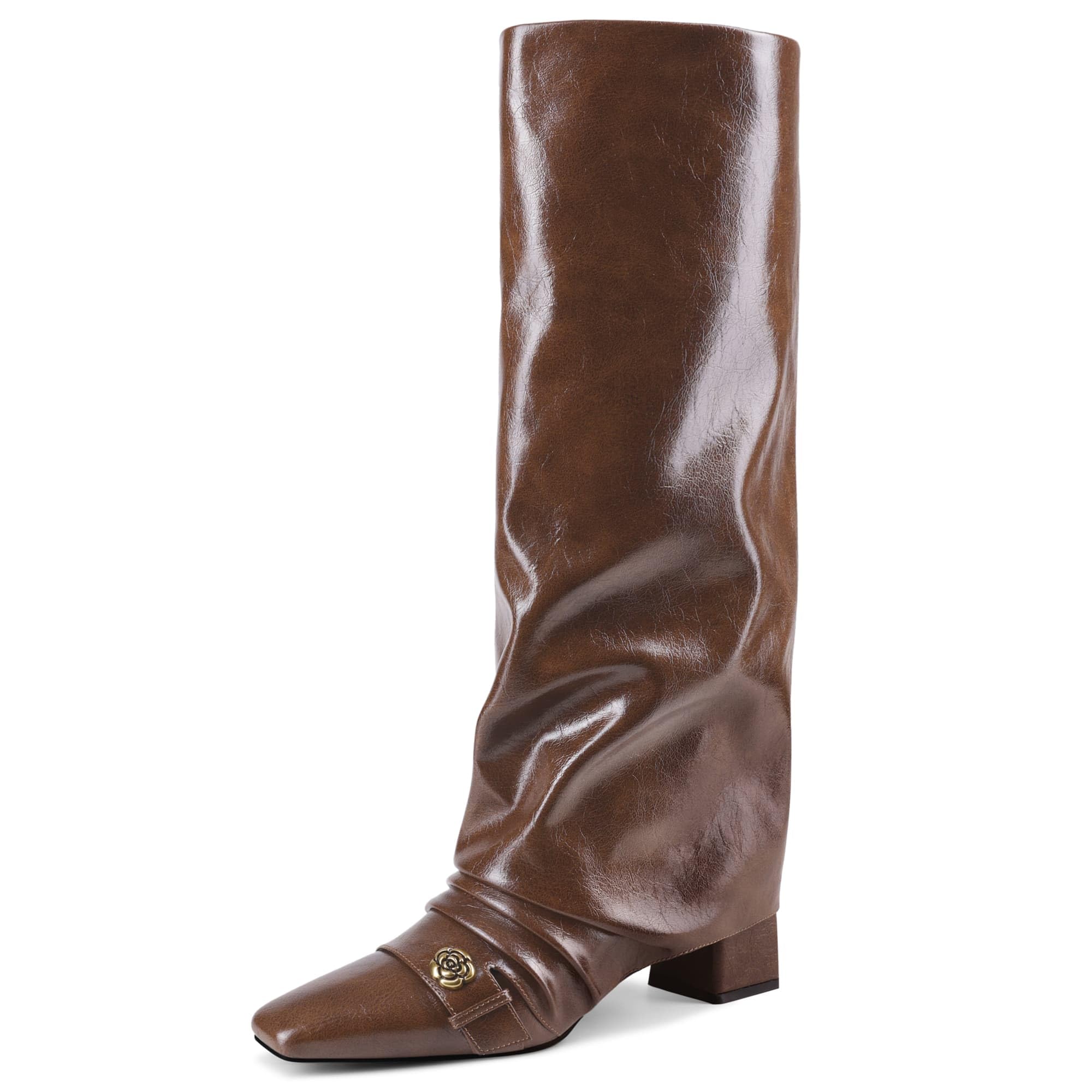 Knee High Boots Women Chunky High Heels Fold Over Shark Boots Square Toe Wide Calf Tall Boots For