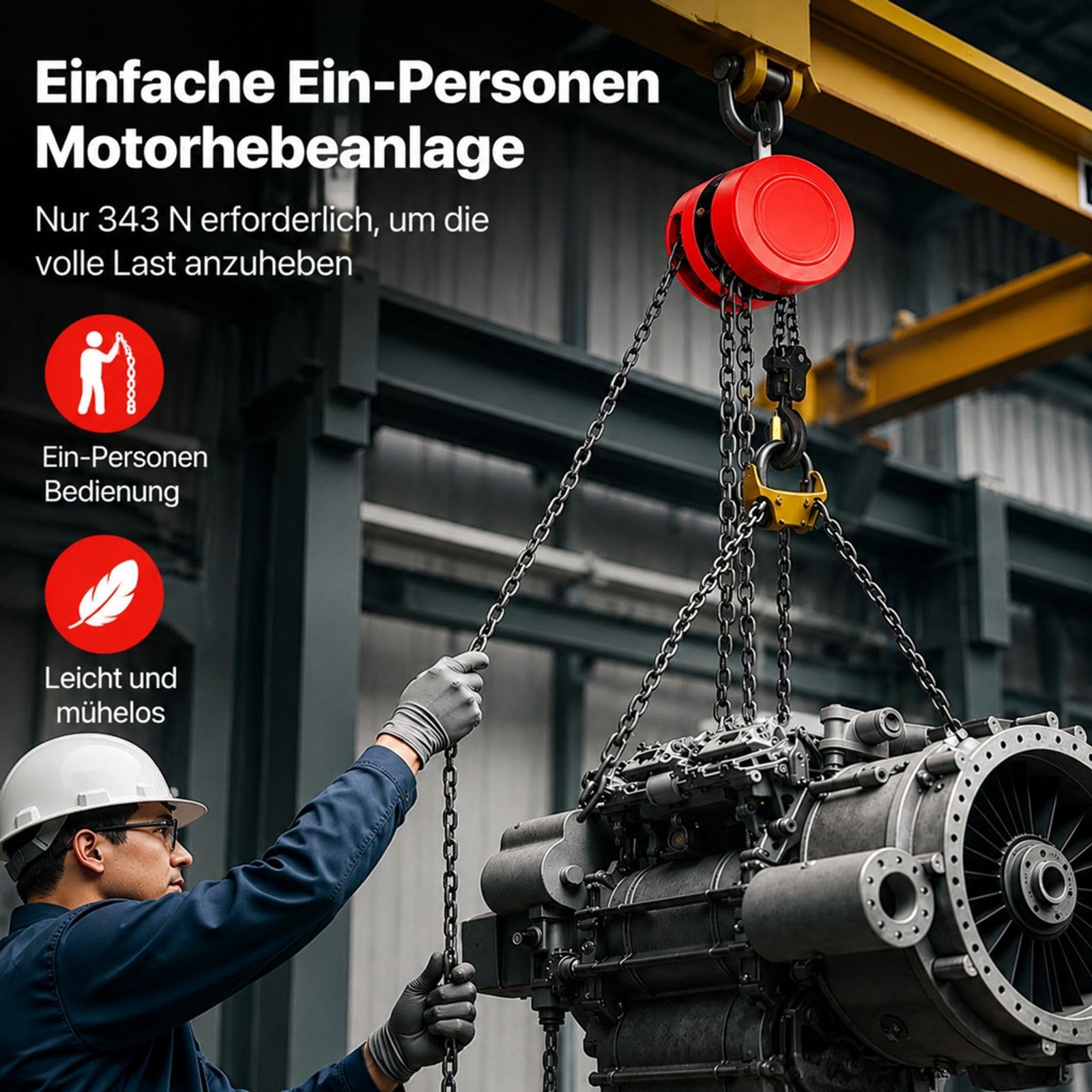 Manueller Kettenzug in Rot mit Haken und Kette für Garage Lager Werkstatt und Automobilmaschinen
