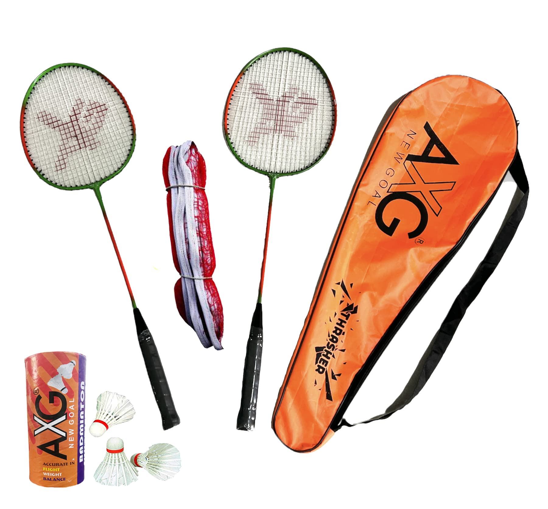 Thrasher Racquets with Feather shuttles and Net Badminton Kit (Red Green)-image-38
