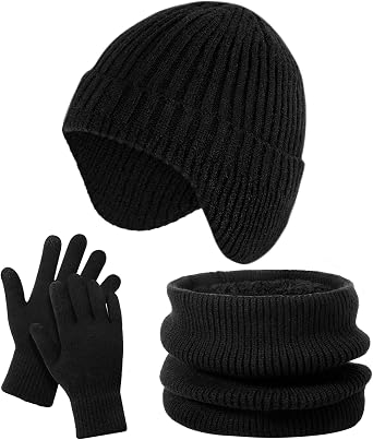 Kids Hat and Gloves Set - Winter Scarf Beanie Hat Kids Gloves Touchscreen, 3 Pcs Neck Warmer Scarf Black Stain-Resistant Set
