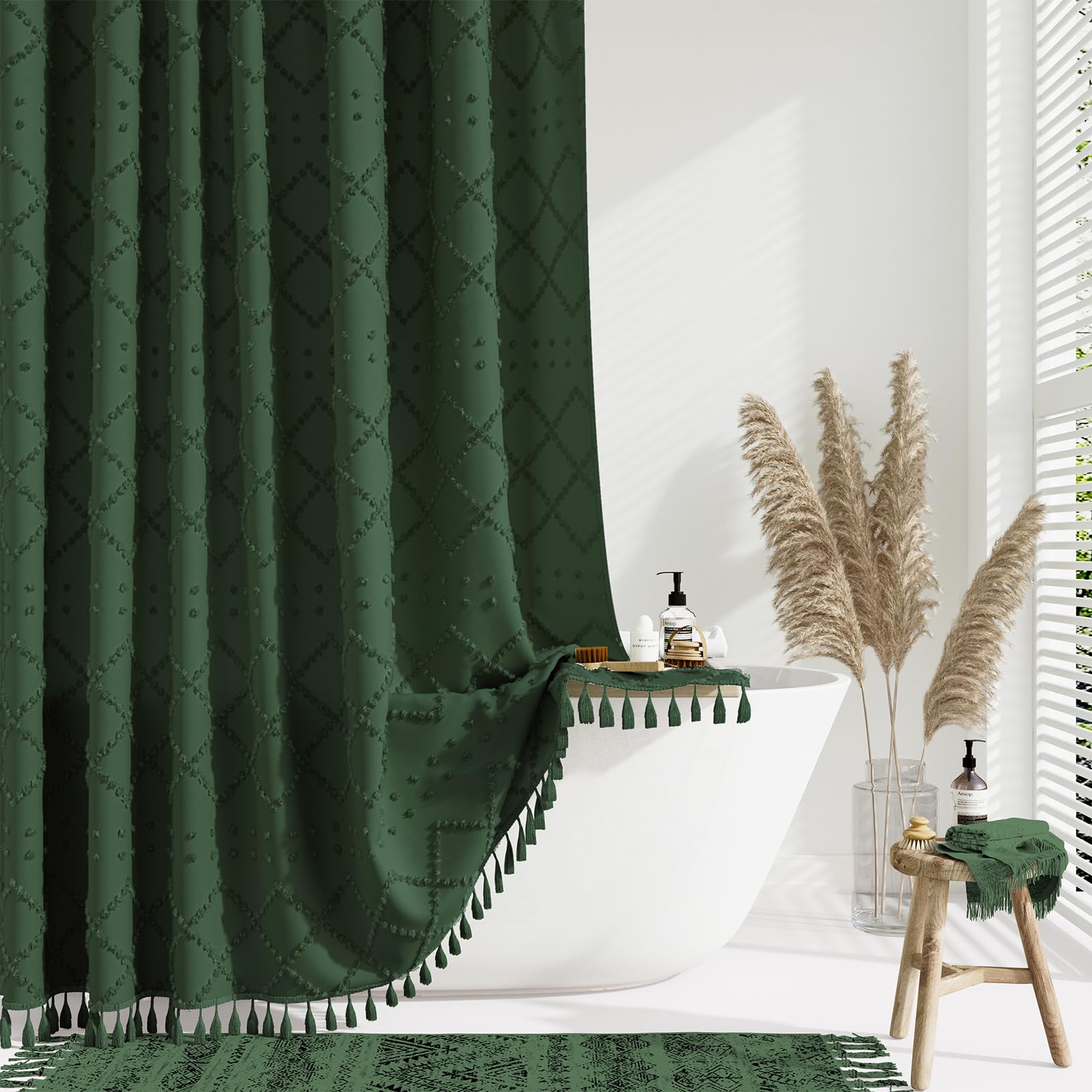 Amazon.com: Dynamene Dark Green Fabric Shower Curtain, Boho Tufted