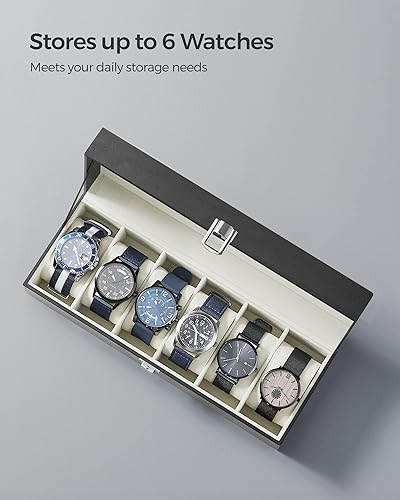 Miniatura 5 de SONGMICS Caja de reloj caja de reloj de 6 ranuras con tapa de cristal grande almohadas de reloj extraíbles organizador de caja de reloj regalo para